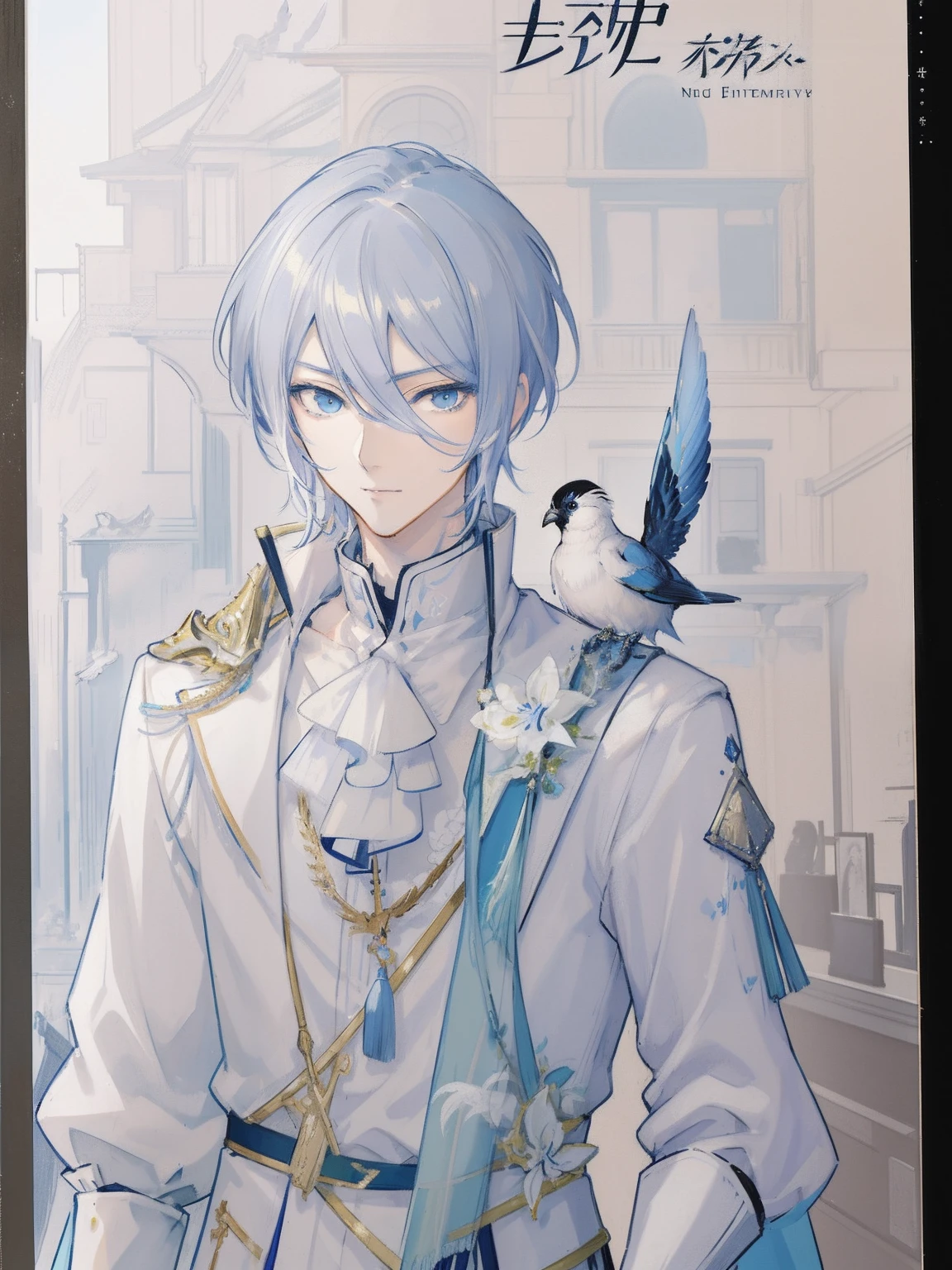 There is a painting,A man with a bird on his shoulder, shigenori soejima illustration, highly detailed exquisite fanart, author:Hiroshi Yamagata, author:Uesaka Seka, zerochan art, ( ( concept art of character ) ), Tall anime guy with blue eyes, tsutomu nihei art, artbook artwork