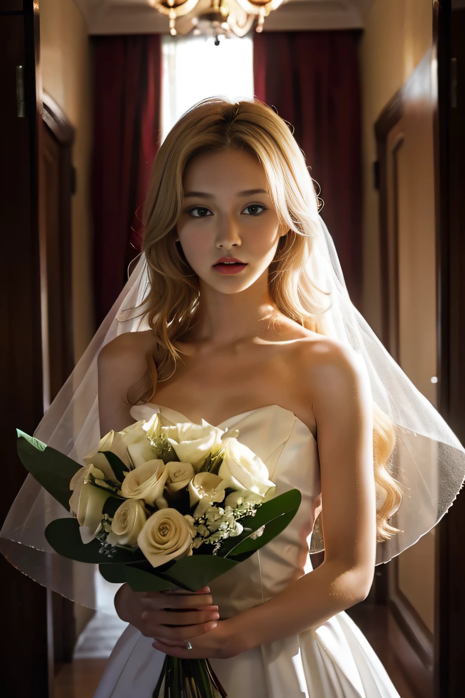 Flower bouquet,a beauty girl,horor,a blond,dead body