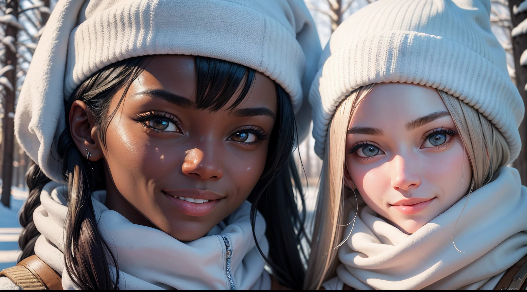 two friends together on a walk through a snowy forest, posing for a photo together, winter sun, snowflakes, happy smiling faces, detailed and perfect face, a girl with black skin and her friend with white skin, eyes with perfect features , clothes with accurate details and detailed traits, no flaws, kkw-skin-det-all_checkpoint_skin_detail_-_skin_detail_v1.0 , globaldetail-detail_++_-_overall_detail . detailed faces, (realistic:1.2), (masterpiece:1.2)
