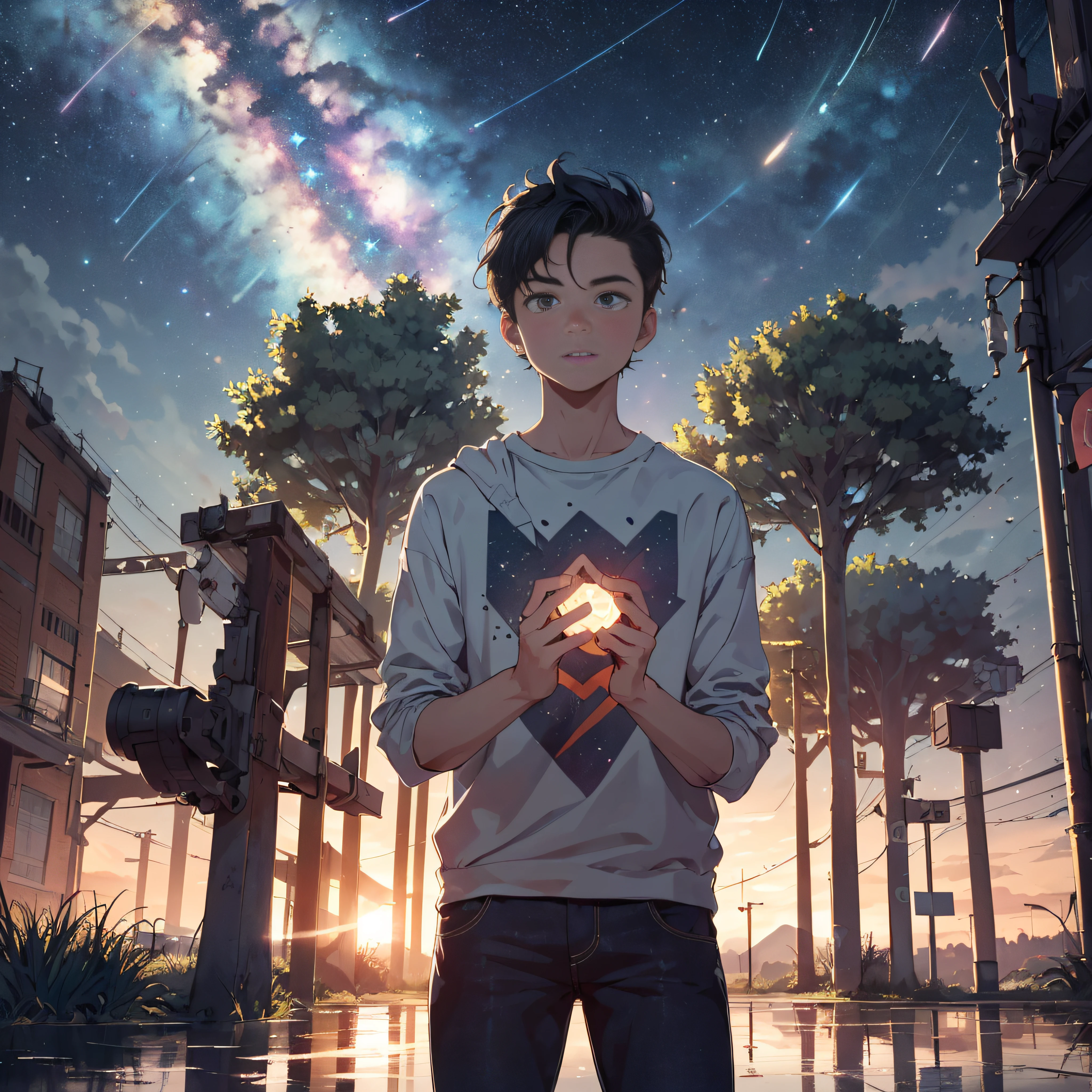 ((Best Quality, 8K, Masterpiece: 1.5)), landscape, wide, morning shoot, star trail, slow speed, standing young man with black hair, black jeans, look at the stars, amazing scenery, hundreds of stars forming a circle, light waves, in the center of cyborg city, magic in hands, reflection, eye catching.