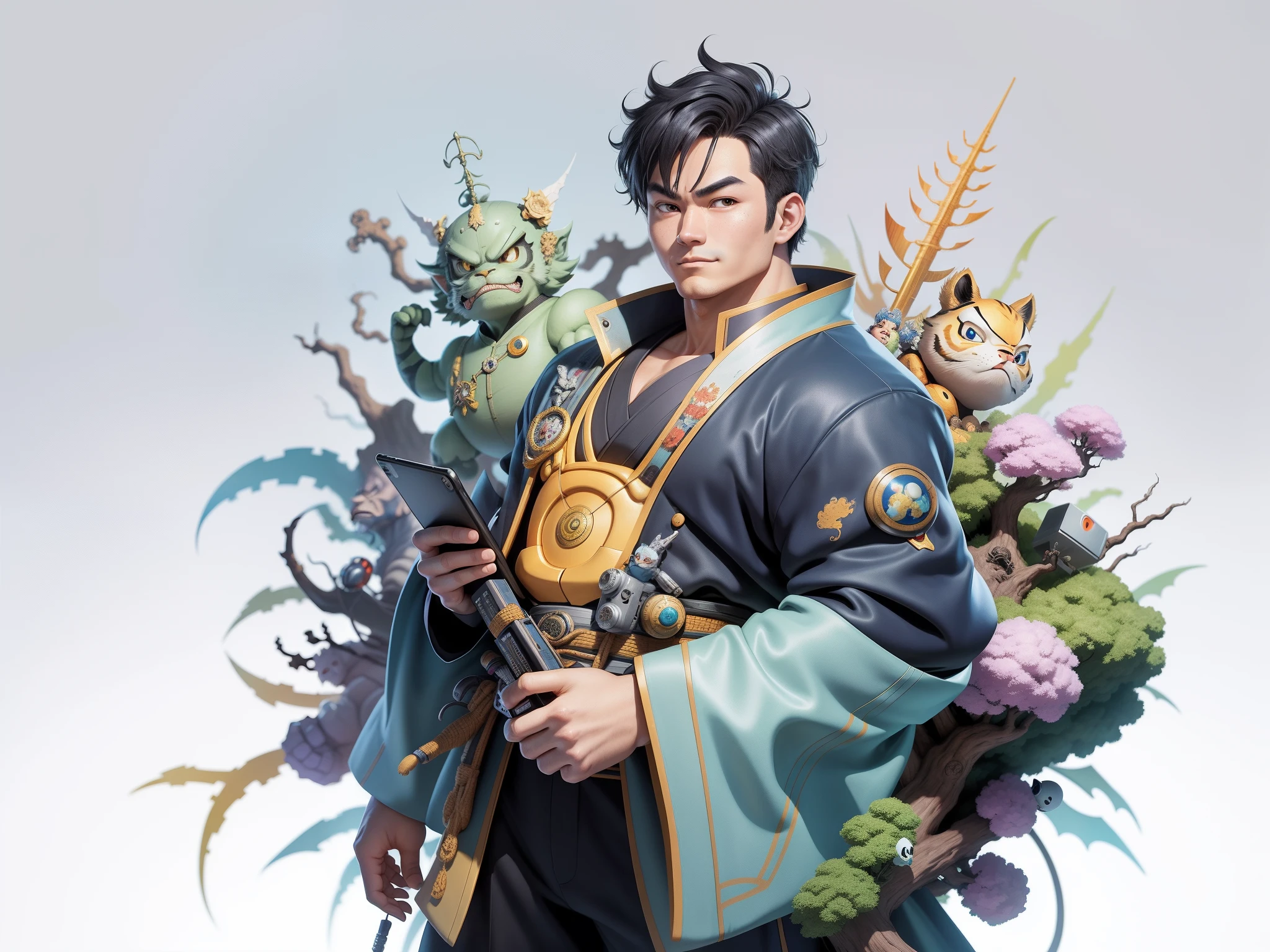 (Masterpiece), (Excellent), (Super Meticulous), (Full Body: 1.2), Super Young Man, Oriental Face, Japanese Kimono, Japanese Wind Thunder God, Dragon, Tiger, TV Anchor, Bust Portrait Illustration, Alone, Black Suit, Blue Tie, Slightly Chubby Face, Very Clean Face, No Beard, Black Super Short Hair, Black Eyes, Confident Smile, 3c Computer Sub-Products, iPad, iPhone, Digital Painting, 3D Character Design by Akira Toriyama and Mark Claireden and Pixar and Hayao Miyazaki, The illustration is a high-definition illustration in 4K resolution with very detailed facial features and cartoon-style visuals.