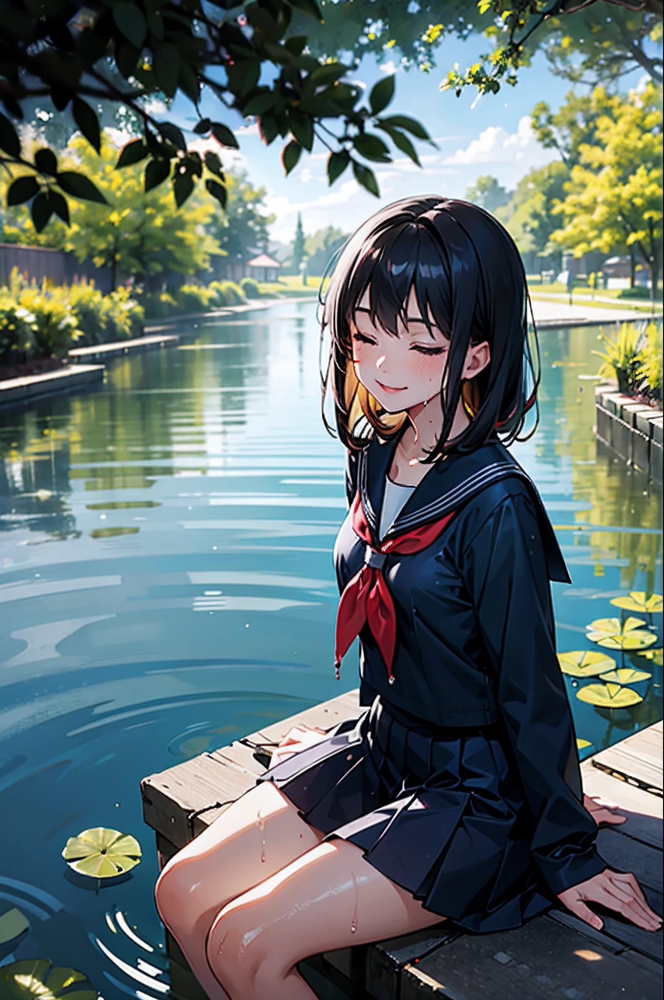 1girll, Sitting, Pond view, beam of light, Particle, (The background is blurred out), Dramatic lighting, Wet, Dappled sunlight, Smile, Eyes closed, From above, serafuku