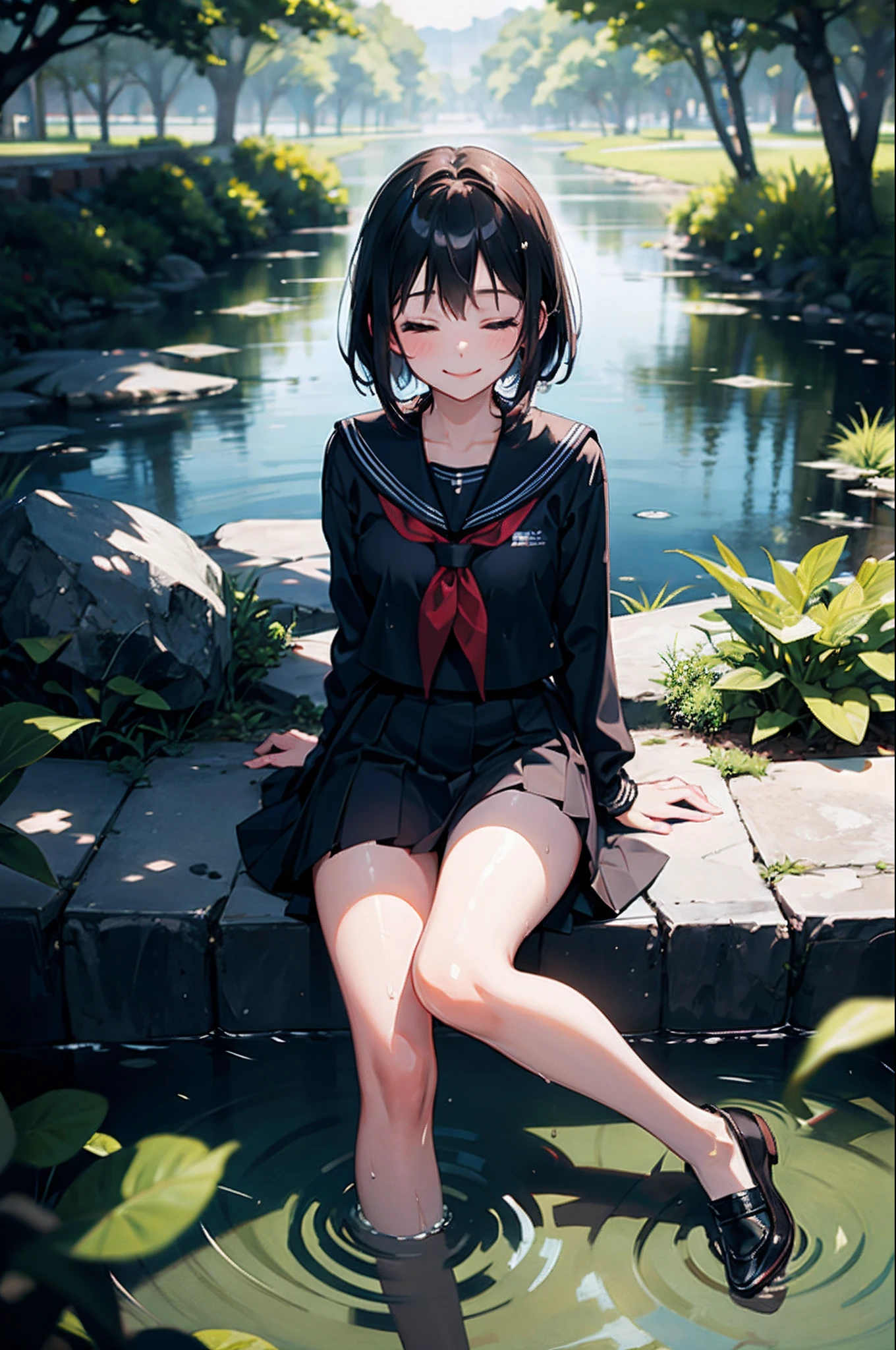 1girll, Sitting, Pond view, beam of light, Particle, (The background is blurred out), Dramatic lighting, Wet, Dappled sunlight, Smile, Eyes closed, From above, serafuku