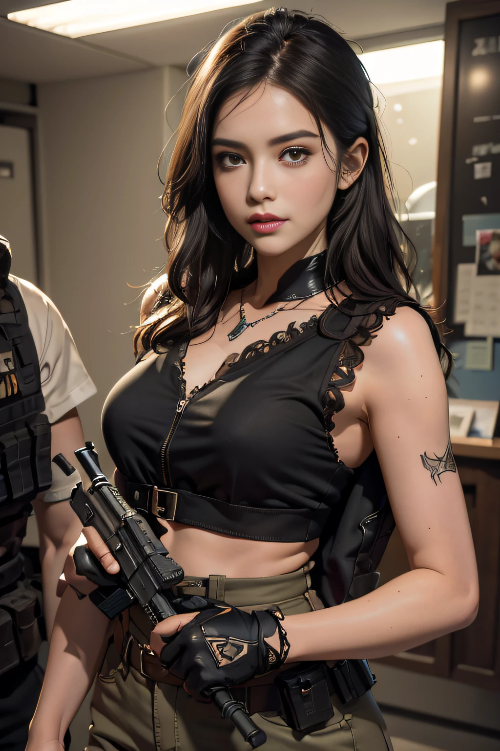 1girll, (Photorealistic)++, Beautiful lighting, Masterpiece++, Best quality++, Realistic, Full body portrait, Realphotos, intricately details, Depth of field, 1 girl, Soldier girl black hair sniper rifle handle, Black military uniform, bulletproof vest, Holding an assault rifle, M16, Inside the city, Very detailed, Perfect face, Black eyes, Lips, Wide hips, Small waist, Tall, Makeup, Fujifilm XT3, Epic professional photography：Ed Brinkie, atey ghailan, by Ghibli Studio, author：Jeremy Mann, Greg Manchess, Antonio Moro, trending on artstationh, trending on CGSociety, Intricate , High detail , Sharp focus, Impressive, Realist art by Midjourney and Greg Rutkowski, Original image, 8K  UHD