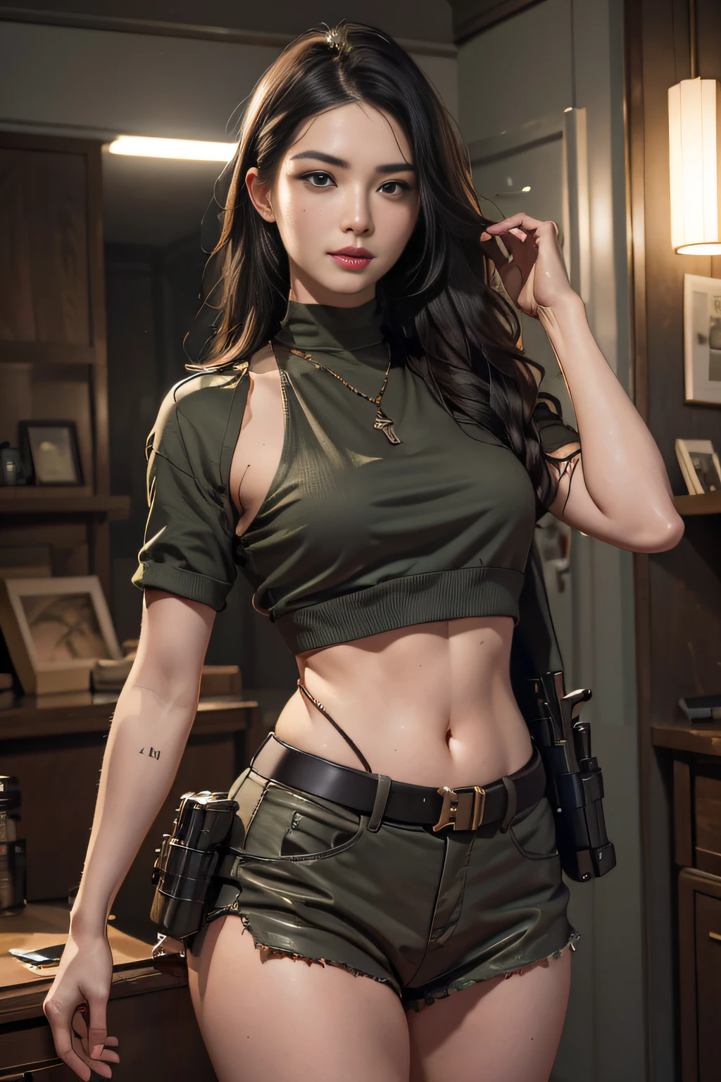 1girll, (Photorealistic)++, Beautiful lighting, Masterpiece++, Best quality++, Realistic, Full body portrait, Realphotos, intricately details, Depth of field, 1 girl, Soldier girl black hair sniper rifle handle, Black military uniform, bulletproof vest, Holding an assault rifle, M16, Inside the city, Very detailed, Perfect face, Black eyes, Lips, Wide hips, Small waist, Tall, Makeup, Fujifilm XT3, Epic professional photography：Ed Brinkie, atey ghailan, by Ghibli Studio, author：Jeremy Mann, Greg Manchess, Antonio Moro, trending on artstationh, trending on CGSociety, Intricate , High detail , Sharp focus, Impressive, Realist art by Midjourney and Greg Rutkowski, Original image, 8K  UHD