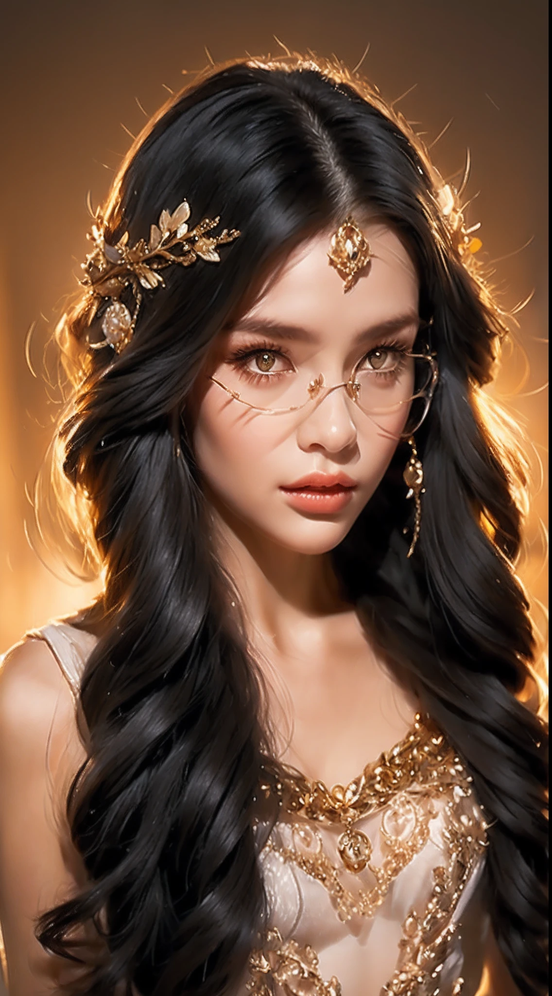 （Blonde 1。3 Lots of hair1。3 Delicate hair 1。2）,（Big red eyes+gold-wire glasses:1.2+Intellectual beauty:1.1),"Crystal face lines sparkle on the forehead"，femele，delicate depiction of skin，The gold-tone metal dragon headdress pattern is clear，Red apple in hand，The bronzed complexion, red flower pattern, is clearly depicted。