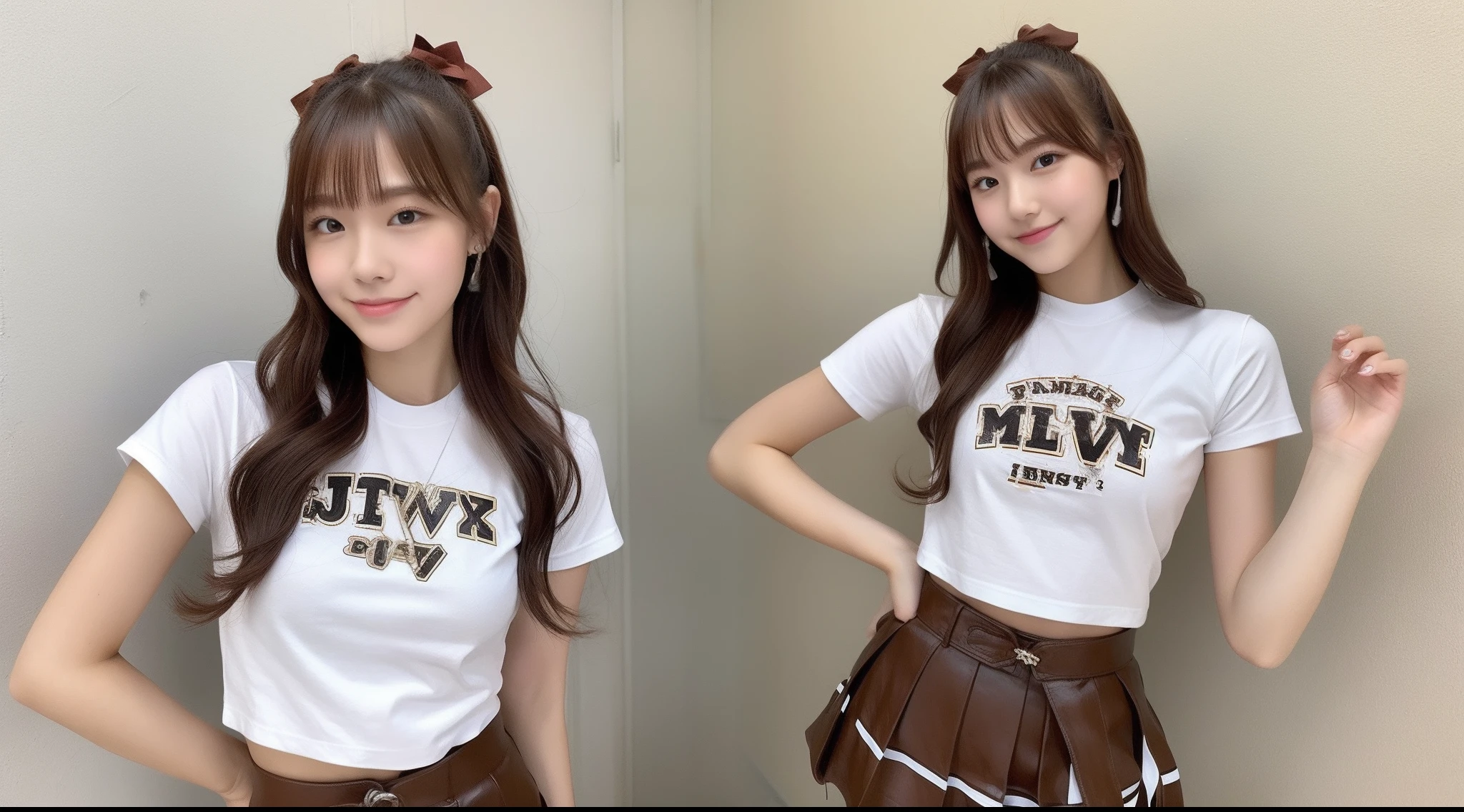 18-year-old cheergirl wearing brown miniskirt and white T-shirt