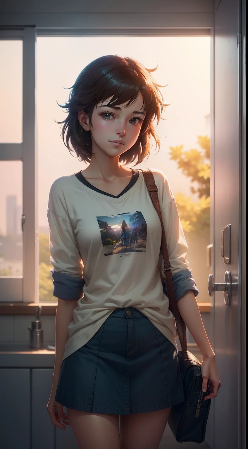 one-girl,high school senior,Pure,adolable,vivaciousness,In the house,(unwind:1.3),illustration,Best quality at best,4K,(Estilo de Makoto Shinkai)。