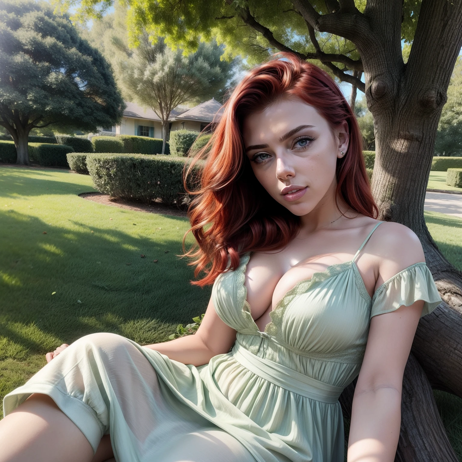 Background: on a sunny lawn under a big tree Character : Twenty-year-old very beautiful and young sexy Scarlett Johansson with perfect facial features, with red hair, big eyes, plump red lips and a sweet smile Attire she is dressed in a short light green rustic dress with a large neckline and a lantern sleeve Action : she takes a selfie sitting under a tree during a picnic