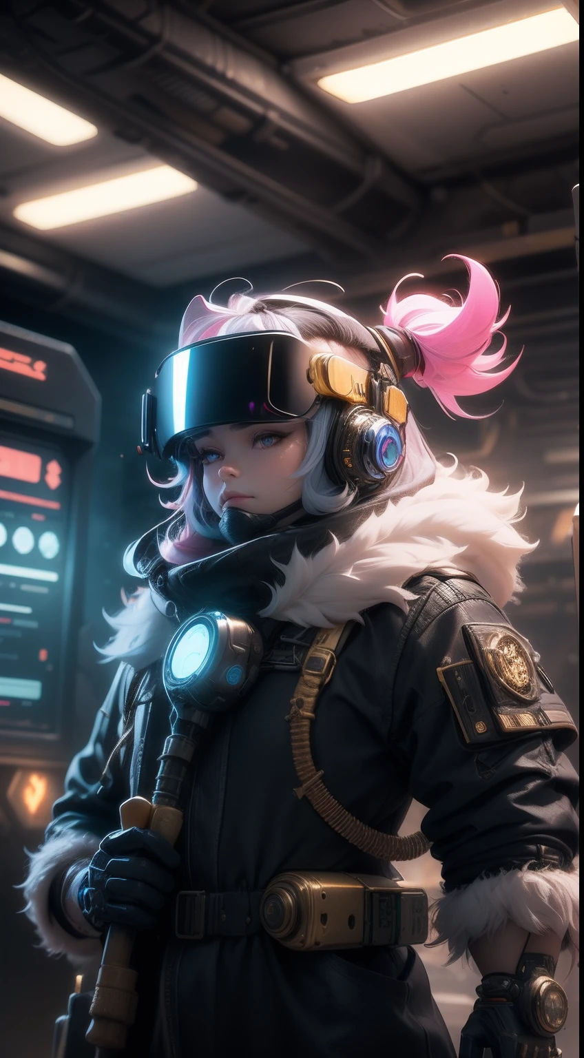 Hyperrealistic, illusory engine, 。.3D, Cyberpunk meta-dwarf wearing high-tech VR goggles, Cybernetic beard. Holding a sci-fi gold mine pickaxe, In the holographic hyperspace metaverse 50mm ,Ray tracing,