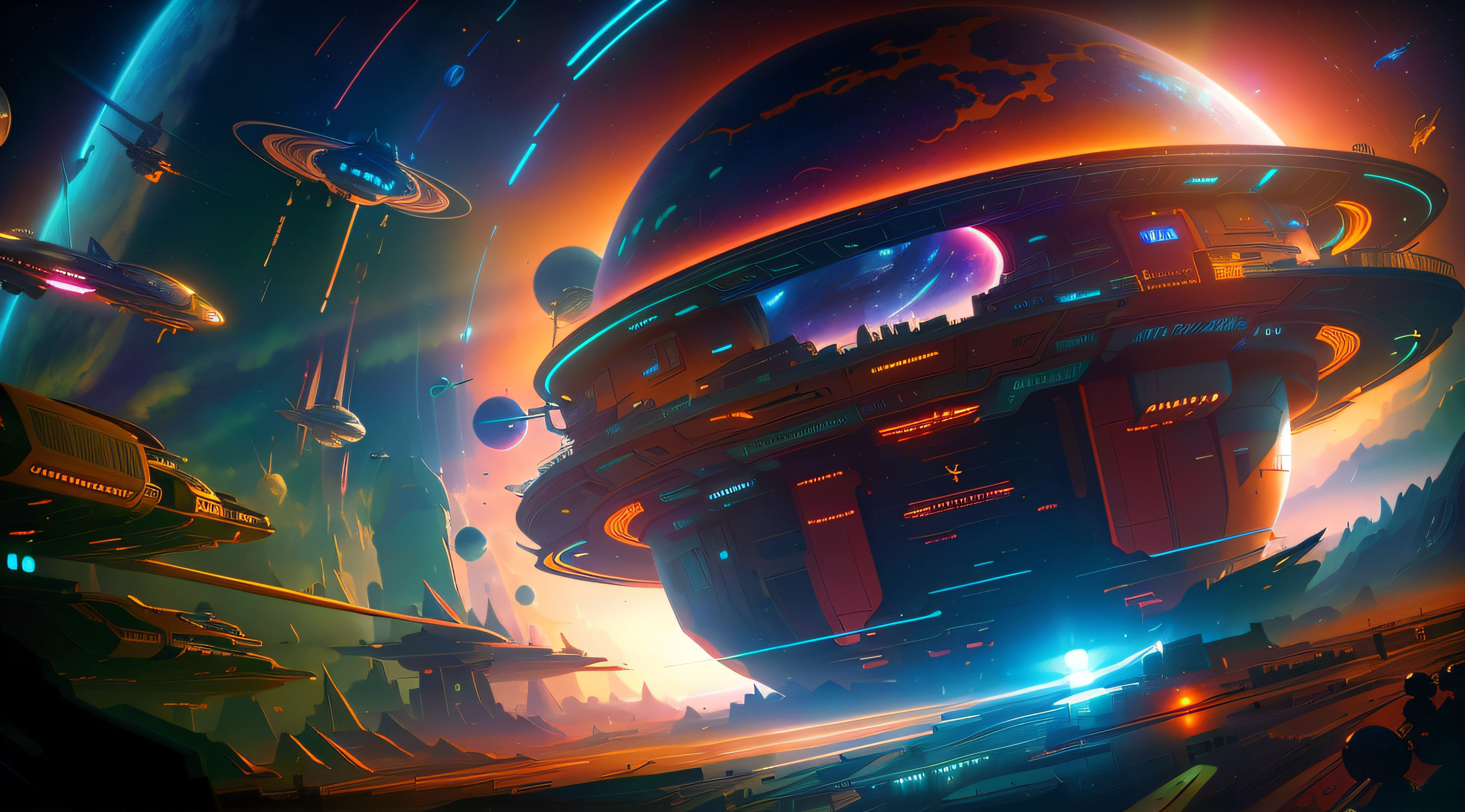 spaceship flying over a futuristic city with a large planet in the background, sci-fi fantasy wallpaper, epic beautiful space scifi, arstation and beeple highly, sci-fi digital art illustration, by Mike "Beeple" Winkelmann, greg beeple, sci fi digital painting, sci-fi digital painting, fantasy space, sci fi artwork