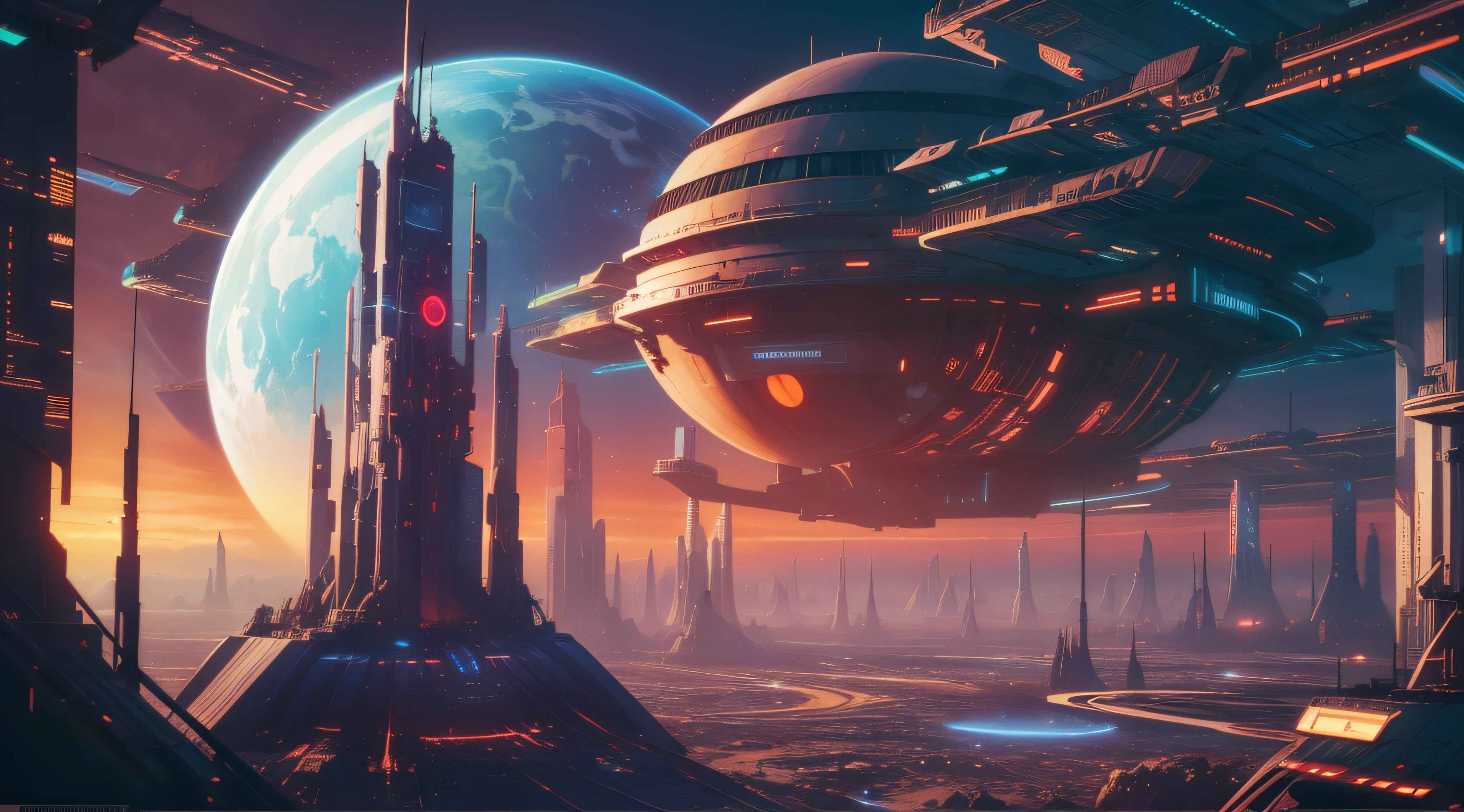 spaceship flying over a futuristic city with a large planet in the background, sci-fi fantasy wallpaper, epic beautiful space scifi, arstation and beeple highly, sci-fi digital art illustration, by Mike "Beeple" Winkelmann, greg beeple, sci fi digital painting, sci-fi digital painting, fantasy space, sci fi artwork