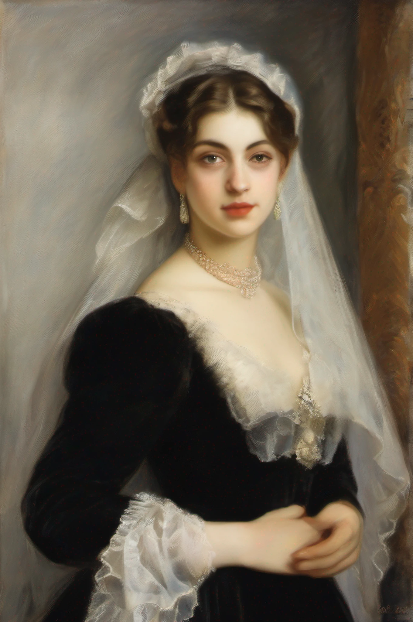 a painting of a woman in a black dress with a white veil, inspired by Francisco de Burgos Mantilla, portrait of morana, by Renoir, a young woman, painting of a woman, by Francisco Oller, maria fortuny, portrait of a european woman, young woman, portrait of the actress, portrait of a young women