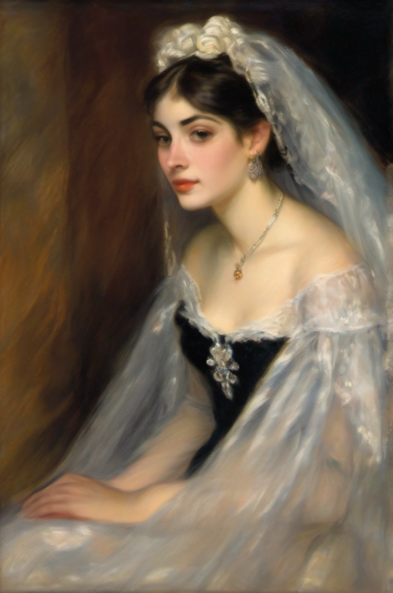 a painting of a woman in a black dress with a white veil, inspired by Francisco de Burgos Mantilla, portrait of morana, by Renoir, a young woman, painting of a woman, by Francisco Oller, maria fortuny, portrait of a european woman, young woman, portrait of the actress, portrait of a young women
