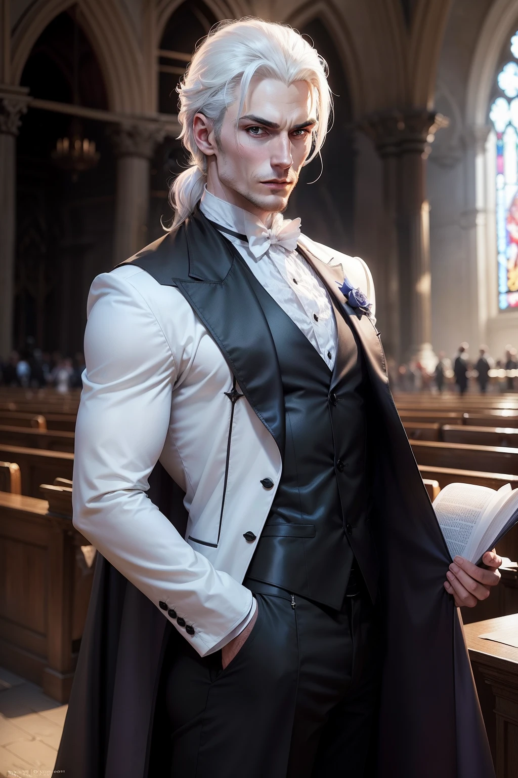 Vampires,cool guy,with fair skin,Large white back,Evil smiled,Earl costume,Background church