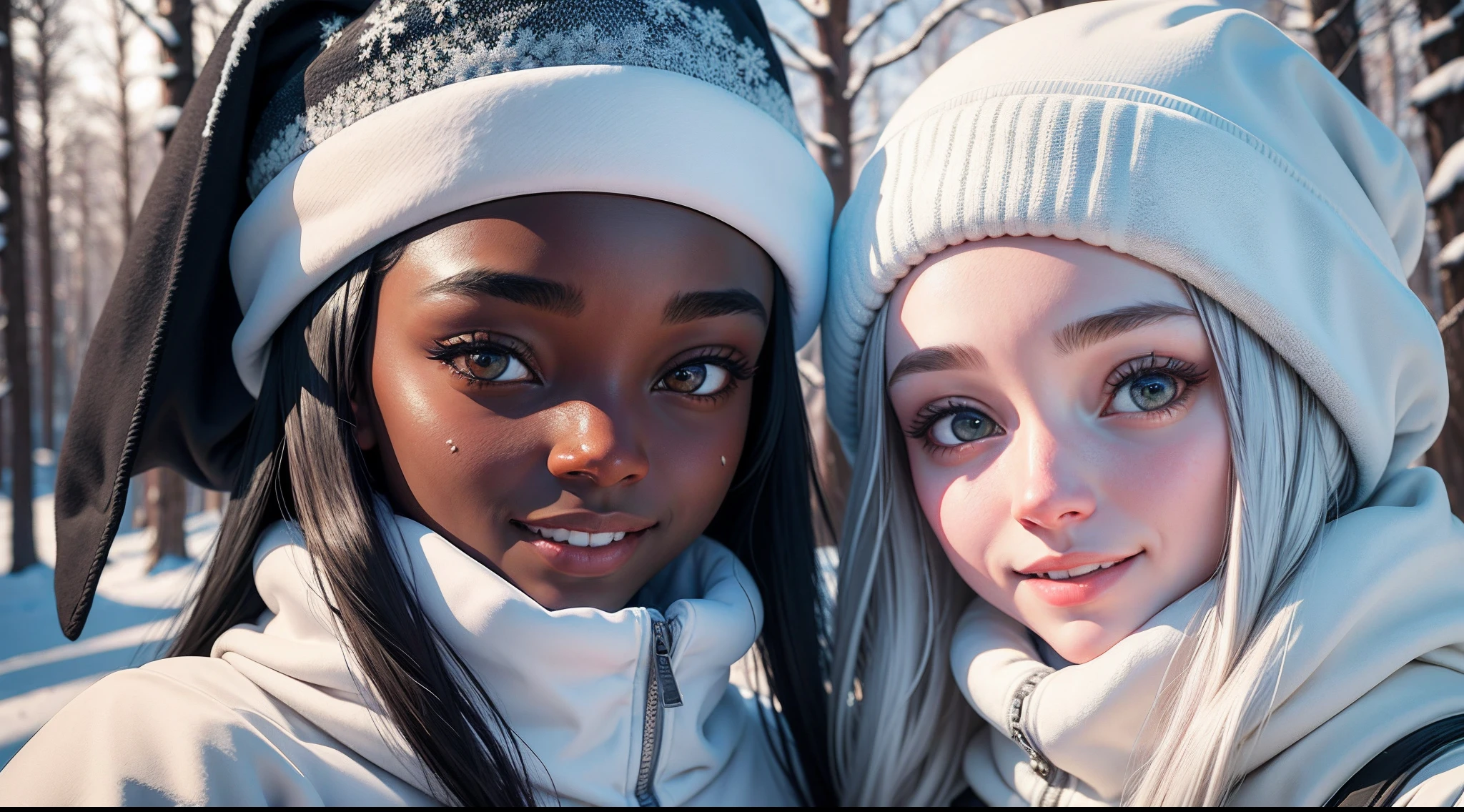 friends on a walk through a snowy forest. winter sun, snowflakes, happy smiling faces, a girl with black skin and her friend with white skin, kkw-skin-det-all_checkpoint_skin_detail_-_skin_detail_v1.0 , globaldetail-detail_++_-_overall_detail . detailed faces, (realistic:1.2), (masterpiece:1.2)