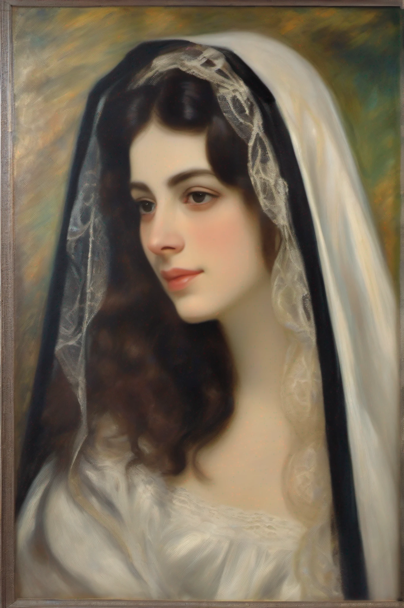 a painting of a woman in a black dress with a white veil, inspired by Francisco de Burgos Mantilla, portrait of morana, by Renoir, a young woman, painting of a woman, by Francisco Oller, maria fortuny, portrait of a european woman, young woman, portrait of the actress, portrait of a young women