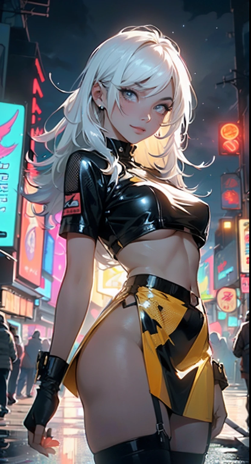 Dark skin,very dark skin,Dark_skin,
girl rave,(((1girll))),((Anime girls with extremely cute and beautiful white hair seductively walking down the street)),

(Large breasts:1.4),Saggy breasts,(((White hair:1.35,Straight hair,Long hair:1.4,Colored inner hair,Ear breathing))),((very light yellow eyes:1.3,Upturned eyes:1.3,Perfect eyes,Beautiful detailed eyes,Gradient eyes:1,fine detailed beautiful eyes:1,Symmetrical eyes:1,big highlight on eyes:1.2)),((Fat)),((((Black girl,Black skin,dark-skin_Female,Dark skin:1.3,ebony skin,Glossy glossy skin:1.5,Bright Skin: 1.5,Shiny skin,very shiny skin,shining body,plastic glitter skin,exaggerated shiny skin,Skin as shiny as ebony))),(spider lower abdomen,Narrow waist,Wide buttock,atheletic body,inflated legs,delicate detailed fingers,Detailed body,detailed arms,human hand,(Detailed face)),Glowing skin,Reflective shiny eyes,spatter,Super bright hair, Neon hair,Hologram body

Lovely,slutty,Seductive,Erotic,(((NSFW))),

zettai ryouiki,Clothing that exposes,show skin,((Yellow print carnival shirt,rave mini-skirt,visible thong straps)),(wearing a rave outfit:1.3,rave clothes,Semi-naked,The clothes are little,),(detailed outfits,Detailed clothes),Glowing clothes,（Raised ），

(Dynamic pose:1.0),solofocus,((mischievous grin)),Centered,scale to fit the dimensions,Rule of thirds,（Raised ），

Outdoors,((Night view)),(Very beautiful city neon synthetics,Cyberpunk night street background:1.5,Dark sky,Thick clouds),Future vehicles,((Neon lights)),Thick clouds,(Cyberpunk Style,Neon lights, (Synthetic wave theme background), Lonely streets),(((Detailed background:1.25))),（Raised ），

(Best quality),(high resolution),(Sharp focus),(Ultra detailed),(Extremely detailed),(extremely high quality artwork),8K_the wallpaper,(extremely detailed CG 8k),(very fine 8K CG),((hyper super ultra detailed perfect piece)),Flawless,(((Masterpiece))),illustration,Vibrant colors,(Intricate),High contrast,Selective lighting,Doubleexposure,hdr (HighDynamicRange),Post-pr