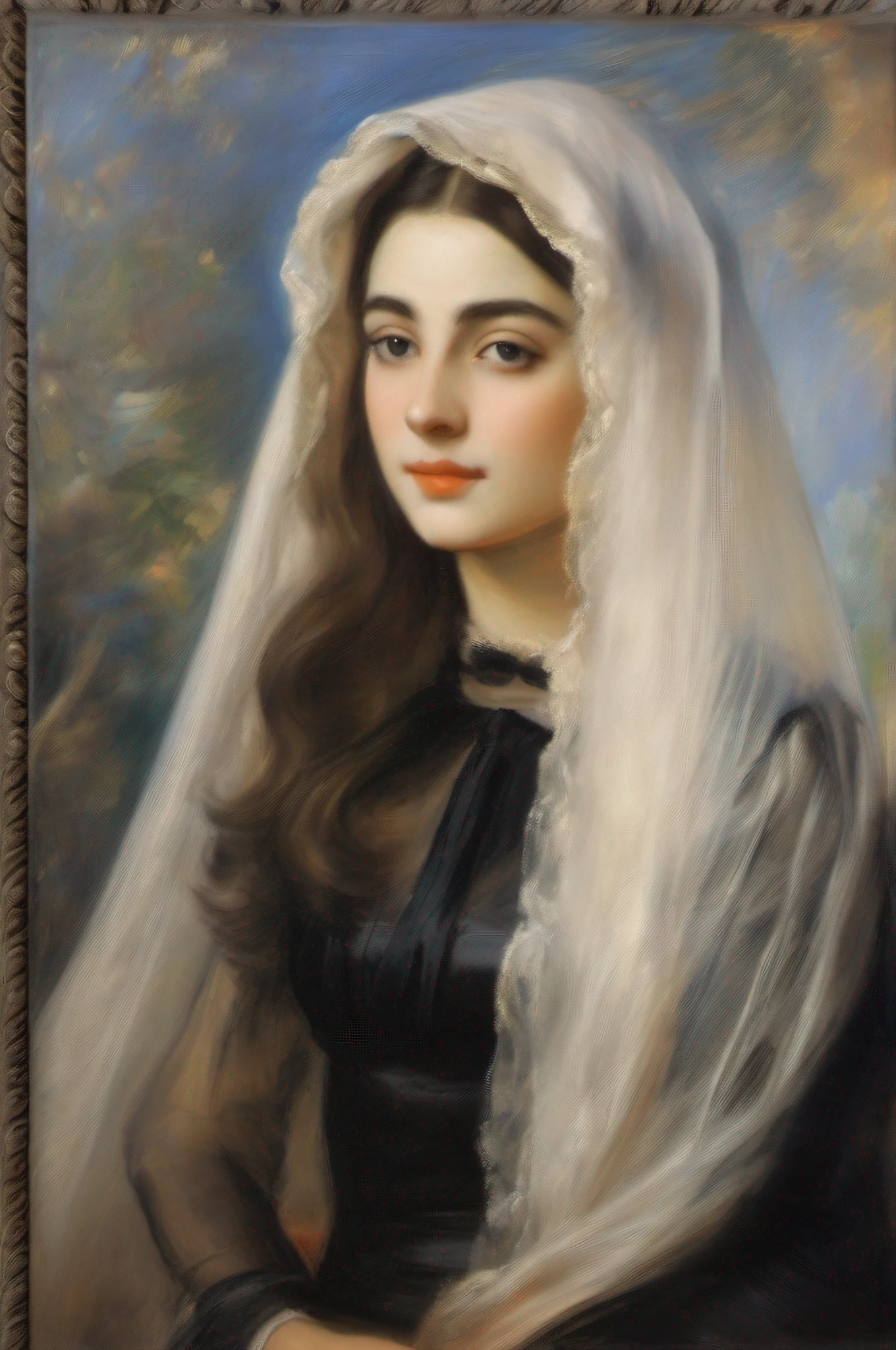 a painting of a woman in a black dress with a white veil, inspired by Francisco de Burgos Mantilla, portrait of morana, by Renoir, a young woman, painting of a woman, by Francisco Oller, maria fortuny, portrait of a european woman, young woman, portrait of the actress, portrait of a young women