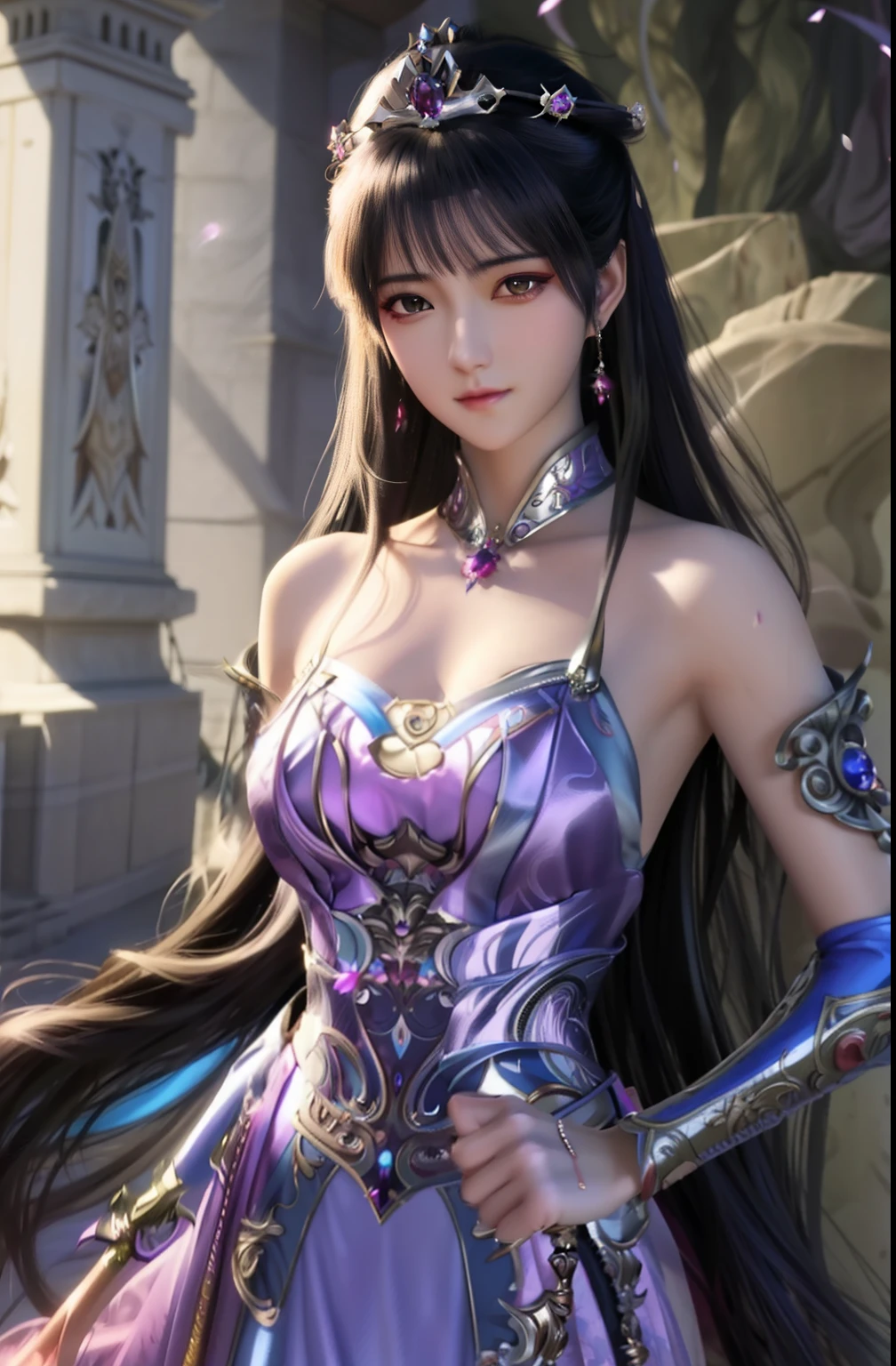 Araki woman in purple dress，Hold a sword and a sword, a beautiful fantasy empress, beautiful and seductive anime woman, Extremely detailed Artgerm, Smooth anime CG art, 8K high quality detailed art, Fantasy art style, Anime goddess, ((a beautiful fantasy empress)), IG model | Art germ, beautiful fantasy maiden, Beautiful character painting