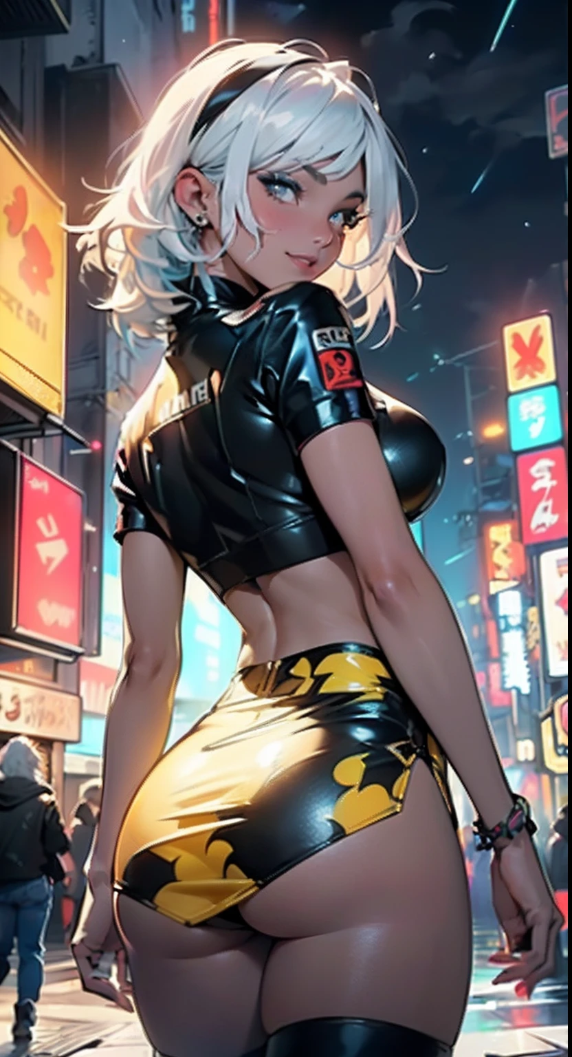 Dark skin,very dark skin,Dark_skin,
girl rave,(((1girll))),((Anime girls with extremely cute and beautiful white hair seductively walking down the street)),
(Large breasts:1.4),Saggy breasts,(((White hair:1.35,Straight hair,Long hair:1.4,Colored inner hair,Ear breathing))),((very light yellow eyes:1.3,Upturned eyes:1.3,Perfect eyes,Beautiful detailed eyes,Gradient eyes:1,fine detailed beautiful eyes:1,Symmetrical eyes:1,big highlight on eyes:1.2)),((Fat)),((((Black girl,Black skin,dark-skin_Female,Dark skin:1.3,ebony skin,Glossy glossy skin:1.5,Bright Skin: 1.5,Shiny skin,very shiny skin,shining body,plastic glitter skin,exaggerated shiny skin,Skin as shiny as ebony))),(spider lower abdomen,Narrow waist,Wide buttock,atheletic body,inflated legs,delicate detailed fingers,Detailed body,detailed arms,human hand,(Detailed face)),Glowing skin,Reflective shiny eyes,spatter,Super bright hair, Neon hair,Hologram body
Lovely,slutty,Seductive,Erotic,(((NSFW))),
zettai ryouiki,Clothing that exposes,show skin,((Yellow print carnival shirt,rave mini-skirt,visible thong straps)),(wearing a rave outfit:1.3,rave clothes,Semi-naked,The clothes are little,),(detailed outfits,Detailed clothes),Glowing clothes,(Raised ),
(Dynamic pose:1.0),solofocus,((mischievous grin)),Centered,scale to fit the dimensions,Rule of thirds,(Raised ),
Outdoors,((Night view)),(Very beautiful city neon synthetics,Cyberpunk night street background:1.5,Dark sky,Thick clouds),Future vehicles,((Neon lights)),Thick clouds,(Cyberpunk Style,Neon lights, (Synthetic wave theme background), Lonely streets),(((Detailed background:1.25))),(Raised ),
(Best quality),(high resolution),(Sharp focus),(Ultra detailed),(Extremely detailed),(extremely high quality artwork),8K_the wallpaper,(extremely detailed CG 8k),(very fine 8K CG),((hyper super ultra detailed perfect piece)),Flawless,(((Masterpiece))),illustration,Vibrant colors,(Intricate),High contrast,Selective lighting,Doubleexposure,hdr (HighDynamicRange),Post-pr