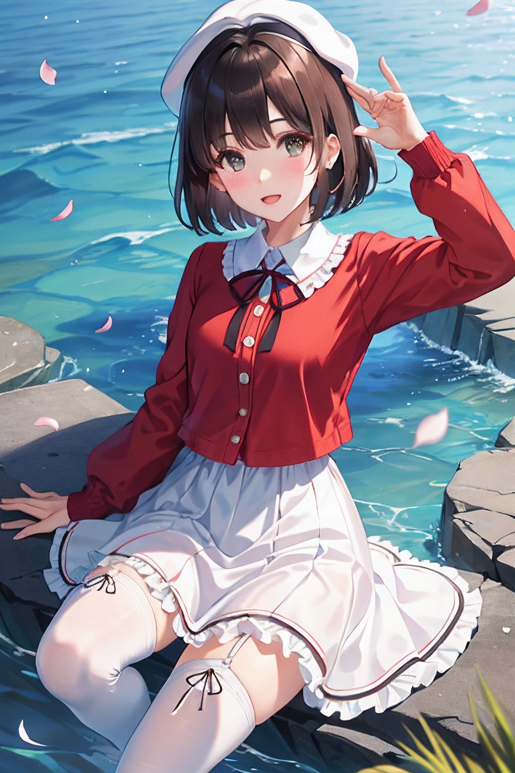 , (masterpiece:1.6, highest quality), (fine and beautiful eyes: 1.2), PhD_Kato, Katouhdlong, alone, brown hair, have, upper limbs, short hair, brown eyes, hat has been removed, dress, took off the hat, white stockings, White dress, Wear a hat, frills太もも, bangs, open your mouth, frills, 赤いJacket, Jacket, zettai ryouiki, petal, ribbon, holding, white hat, blush
, lying back on water, Ocean, cove, (full body esbian), frills太もも, bangs, open your mouth, frills, 赤いJacket, Jacket, zettai ryouiki, (highest quality, 8K, masterpiece, Super detailed:1.2), (Lens flare, particles of light, shine), big breasts, NSFW, (Completely naked), (embarrassing:1.2), (blush:1.2), (orgasm:1.2), open your mouth, nipple, (shout:1.2), (Wet:1.2), heavy breathing, vagina,sex, ((raise your legs)), testis, penis, sex, sit, High resolution, Very detailed CG, official art, clothes sex, sex, vaginal penis, embarrassing,