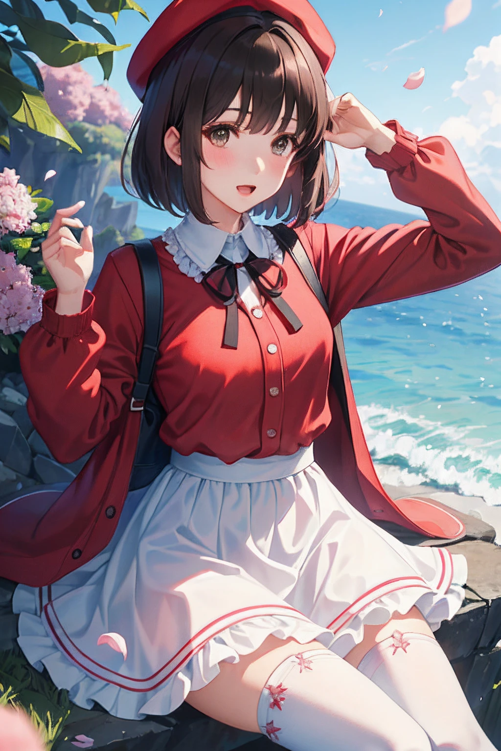 (Masterpiece:1.6, Best quality), (fine detailed beautiful eyes: 1.2), ph_kato, katouhdlong, Solo, Brown hair, Hat, upper legs, Short hair, Brown eyes, The hat has been removed, dress, headwear removed, white thighhighs, White dress, holding hat, Frilled thighs, bangs, Open mouth, frilld, Red jacket, Jacket, zettai ryouiki, petals, ribbon, Holding, White headwear, Blush
, lying on water, Ocean, cove, (full bodyesbian),