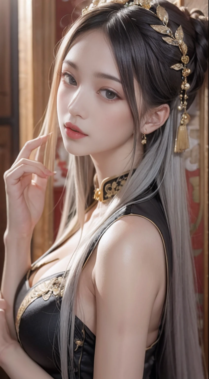 （From the outside） （shiny skins）， many color，Best quality at best，tmasterpiece，photograph of-realistic，Complicated details，RAW photogr，Court，Gorgeous cheongsam，Gray hair，Extra-long hair，cropped shoulders，delicated face，Expose cleavage，decorations