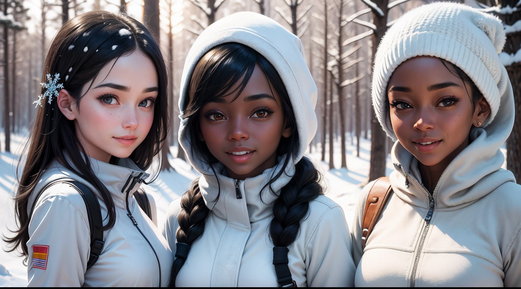 friends together on a walk through a snowy forest, posing for a photo together, winter sun, snowflakes, happy smiling faces, a girl with black skin and her friend with white skin, clothes with precise details and detailed features, kkw- skin-det-all_checkpoint_skin_detail_-_skin_detail_v1.0 , globaldetail-detail_++_-_overall_detail . detailed faces, (realistic:1.2), (masterpiece:1.2)