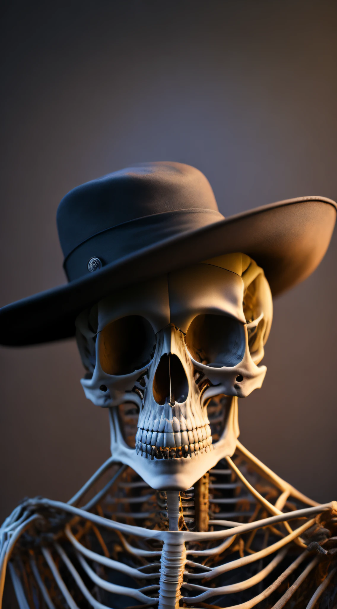 Vulture skeleton with cowboy hat and mustache in black and white