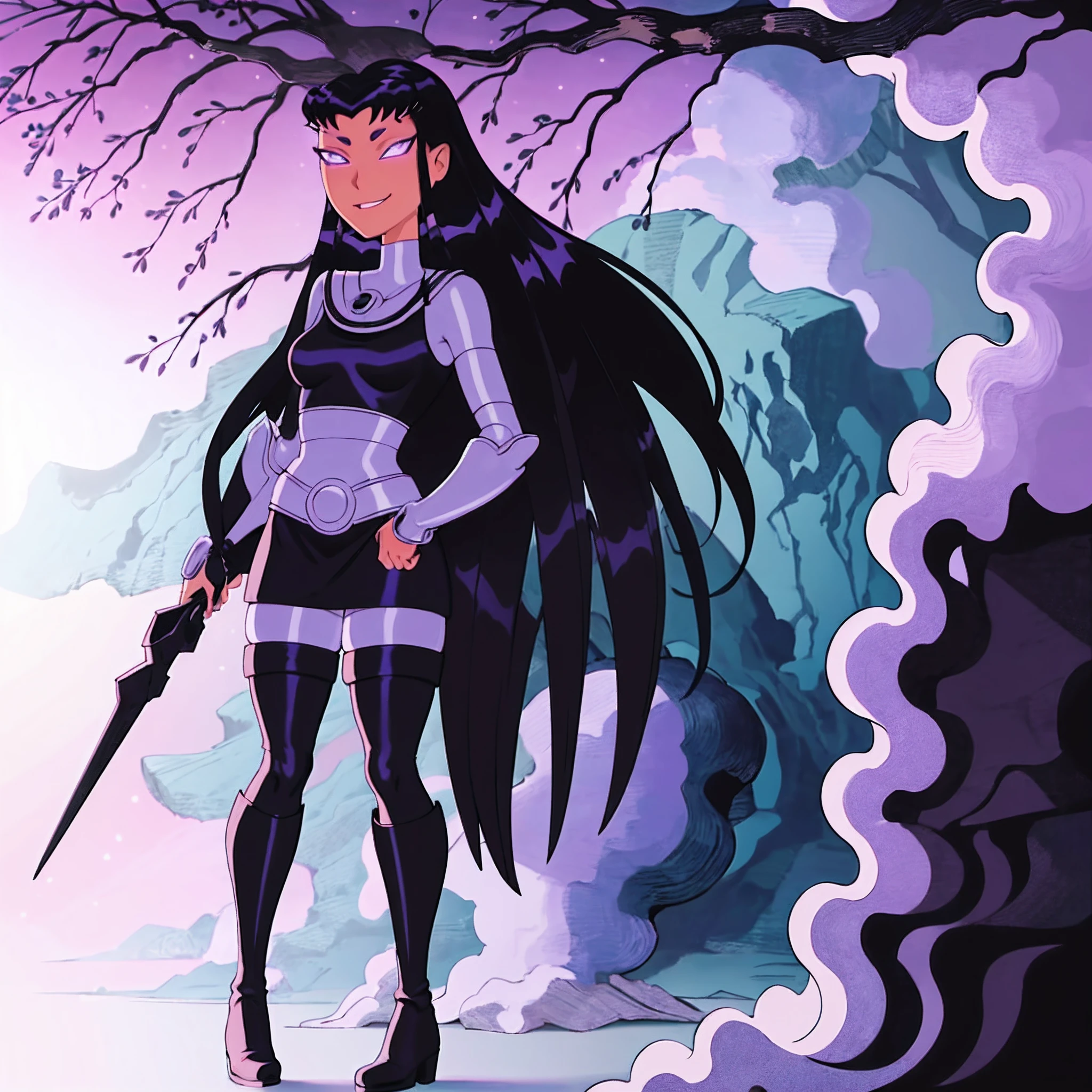 masterpiece, best quality, 1girl, perfect eyes, intricate details, perfect eyes, blackfire, cartoon style, armor, black skirt, black boots, full body, beautiful eyes, miniskirt, black leggings,standing up in a tree, looking down at viewer, POV, smile, full body suit, panthyhose