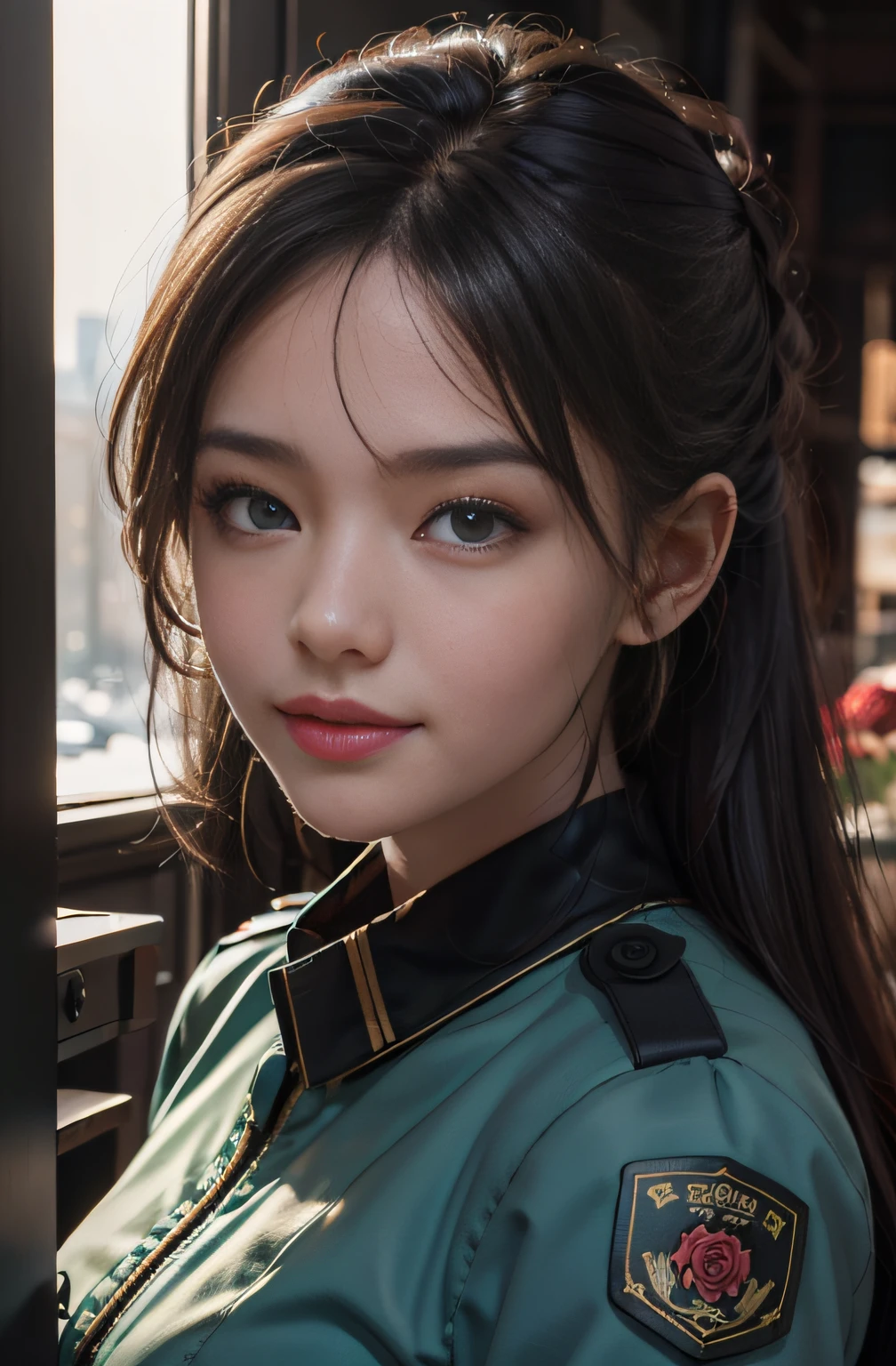 best qualtiy，tmasterpiece，超A high resolution，（真实感：1.4），RAW photogr，1girll，（（Wearing a SWAT uniform：1.8）），in the darkness nigth，deep shading，low tune，cold light，Square face with charming eyes，A sweet smile，parks，lakes，the woods，（（Rose flower：1.5，）），A high resolution