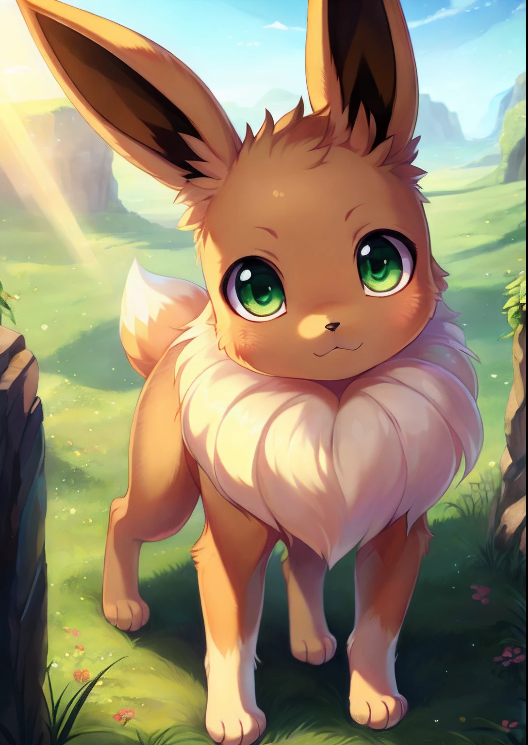 uploaded on e621, ((Isaac Levitan, by Rumiko Takahashi, Ephraim Moses Lillian, by hioshiru, by Glacier Clear)), Solo (quadruped feral:1.4) ((Eevee)) with ((tan body)) And (((white neck tuft))) And (Brown fluffy dipstick tail) And ((Clear light green eyes)), (Detailed Eevee), ((detailed fluffy fur)), (Three-quarter portrait, Looking at Viewer, three quarter view, [High-angle view]:1.2), BREAK, (Detailed background, depth of fields, half body shadow, Sunlight, ambient light on the body), (Convoluted:0.7), (high detailing:1.2), (Unreal Engine:1.3), (Sharp Focus:1.1), [explict content, questionable content], (masutepiece, Best Quality, 4K, 2 k, Shaded, absurd res)