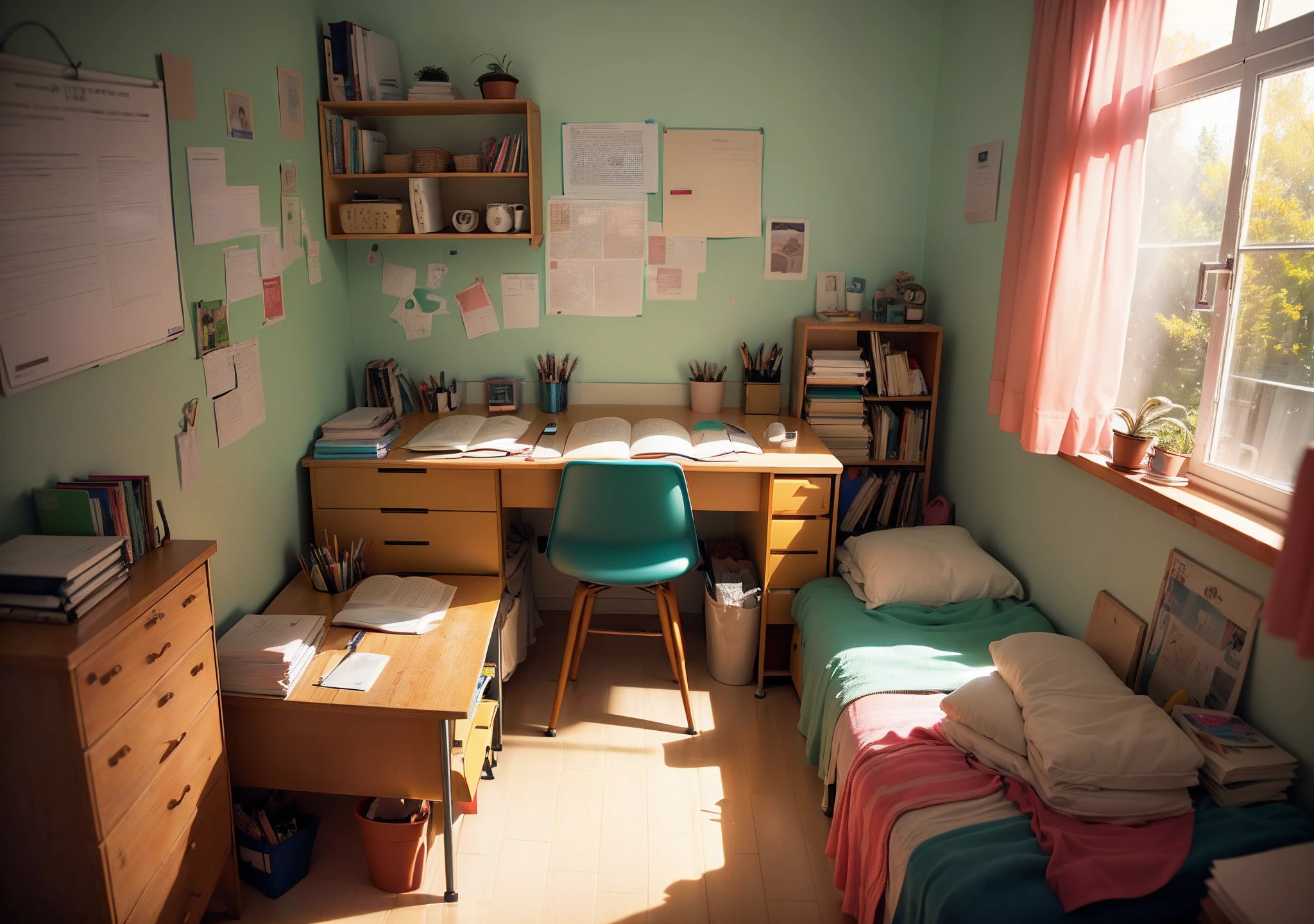 Un dormitorio desordenado de estudiante, with a desk full of notebooks and pencils, A cup of steaming coffee, Indie aesthetics, estilo LO-FI