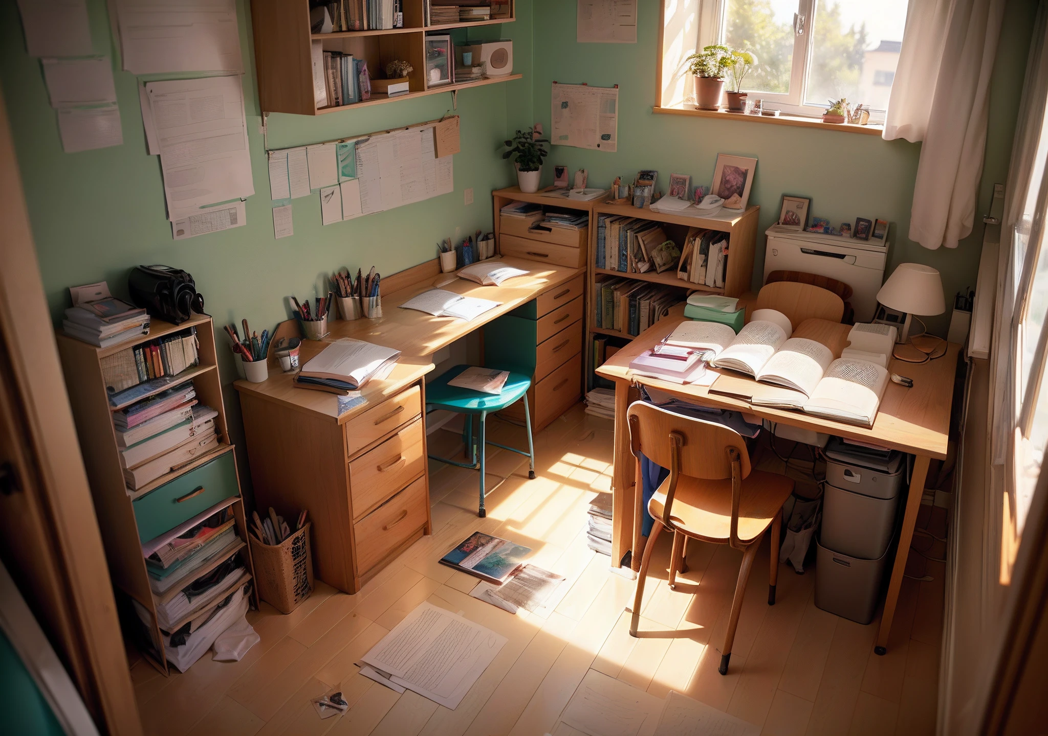Un dormitorio desordenado de estudiante, with a desk full of notebooks and pencils, A cup of steaming coffee, Indie aesthetics, estilo LO-FI