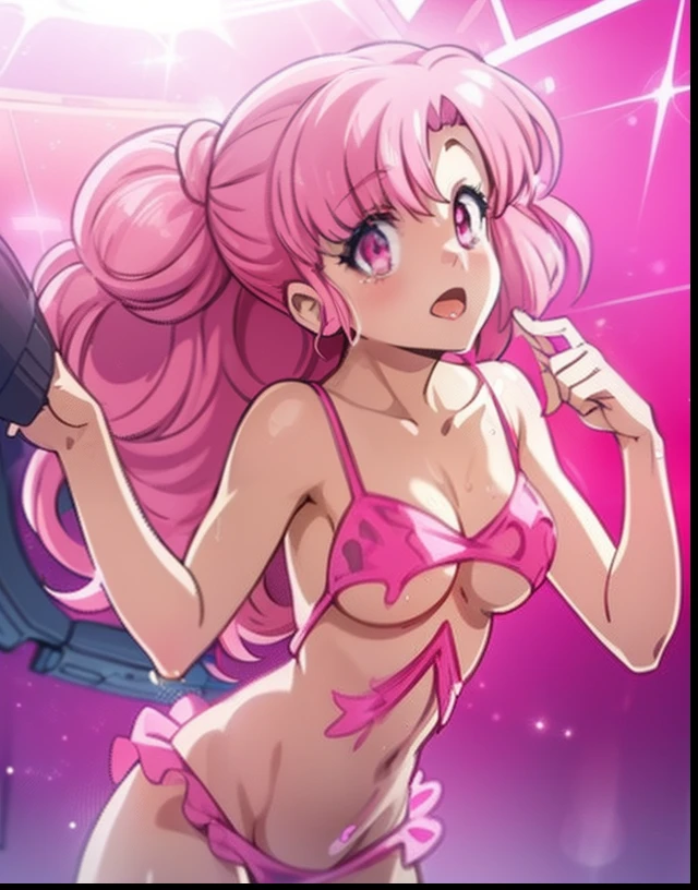 Beautiful girl, hot girl, detailed face, detailed eyes, pink eyes.detailed hair, pink hair, detailed body, hanging boobs, change background, 8k, realistic, ultra realistic, ((she is naked)) visible panties, visible swimsuit, ((she us wet)).