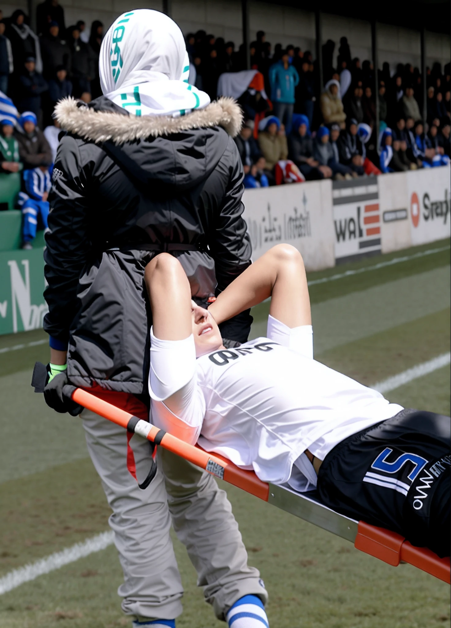 a sports accident in a rainy soccer stadium, a syrian woman in a back view with a shiny headscarf and a black plastic coat carries an orange stretcher behind her, the Syrian woman grasps the handles of the stretcher with her hands, on the stretcher lies a soccer player on his back in matte and dull and lackluster white and black sportswear with short sleeves who has both arms bent and covers his pain-contorted face with his hands, the syrian woman carries the stretcher with the footballer lying on it away from us and out of the field, the syrian woman feels infinite compassion for the injured footballer, the syrian woman acts out of immeasurable compassion, the footballer is in enormous pain, compassion, mercy, drama, realistic photo, super realistic shot, ultra realistic photo, sports photography, dramatic scene, accident, assistance