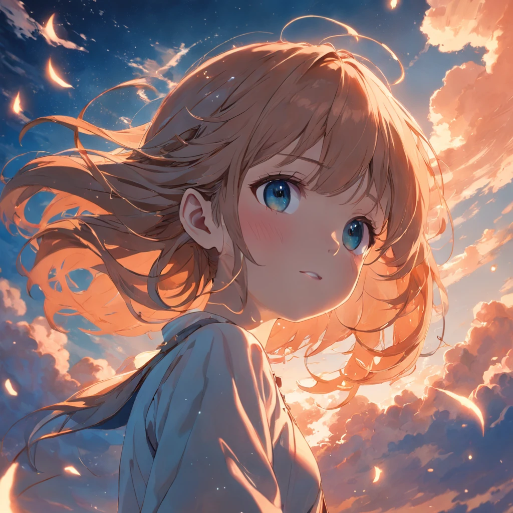 "obra maestra, highest qualityr, imagen detallada, 1人の女の子, Floating girl in the sky, primer plano, soft warm lighting, puesta de sol, chispas brillantes: 0.7"