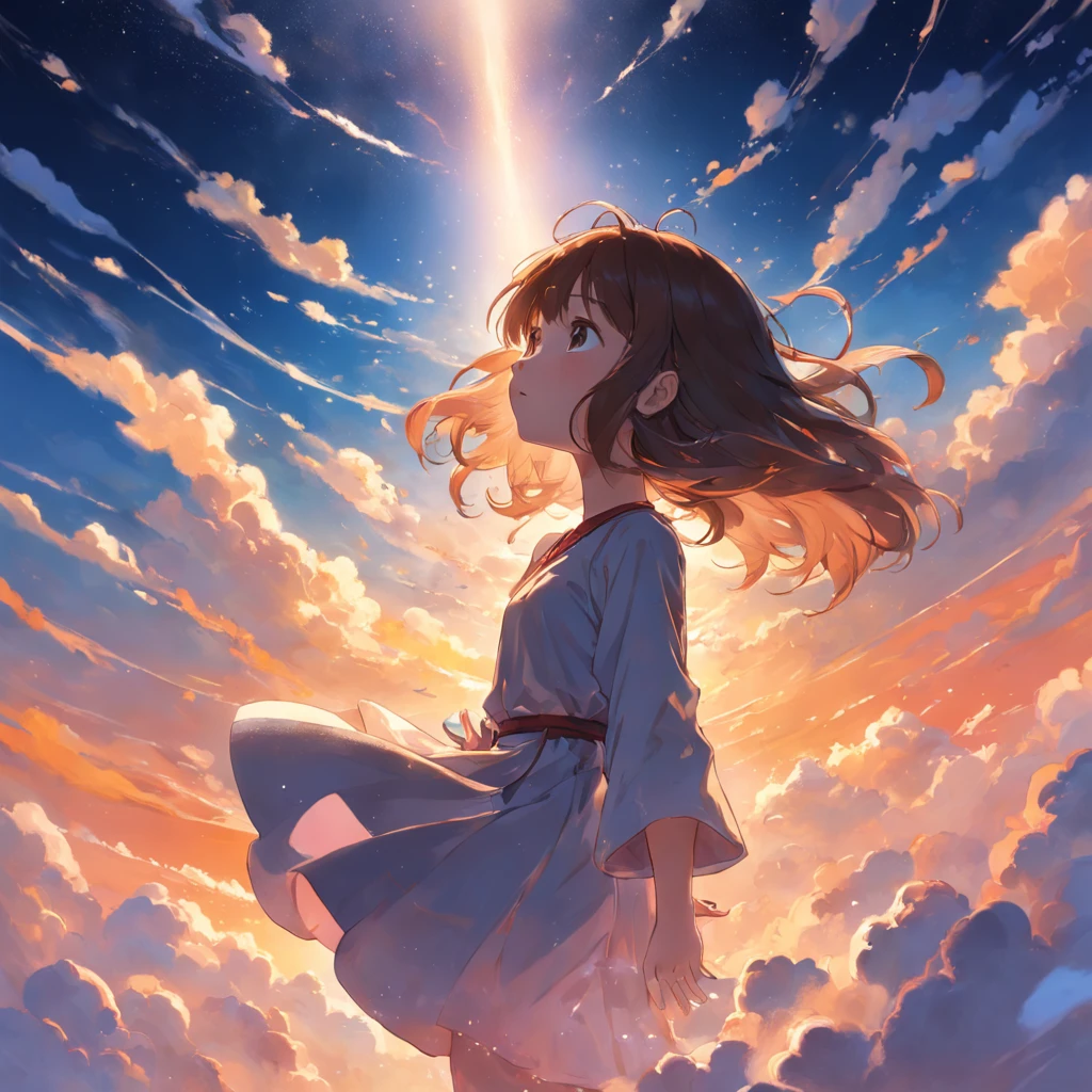 "obra maestra, highest qualityr, imagen detallada, 1人の女の子, Floating girl in the sky, primer plano, soft warm lighting, puesta de sol, chispas brillantes: 0.7"