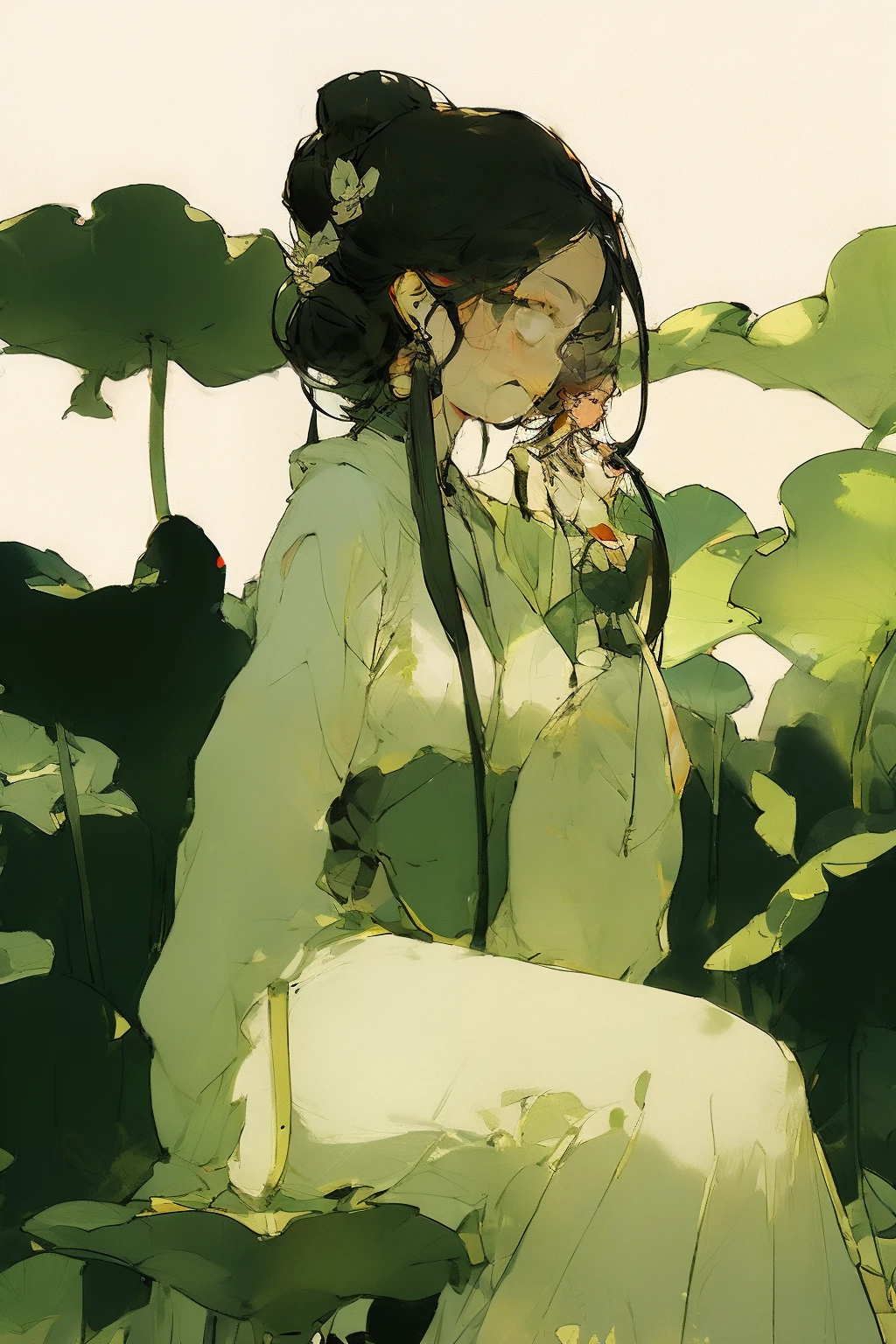 An ancient Chinese beauty sitting on a stone, wearing ancient Chinese clothing, flowing tulle, light silk, lazy posture, large lotus leaf, lotus, ink painting style, clean color, decisive cutting, blank, freehand, masterpiece, super detailed, epic composition, high quality, the highest quality, 4k --v 6