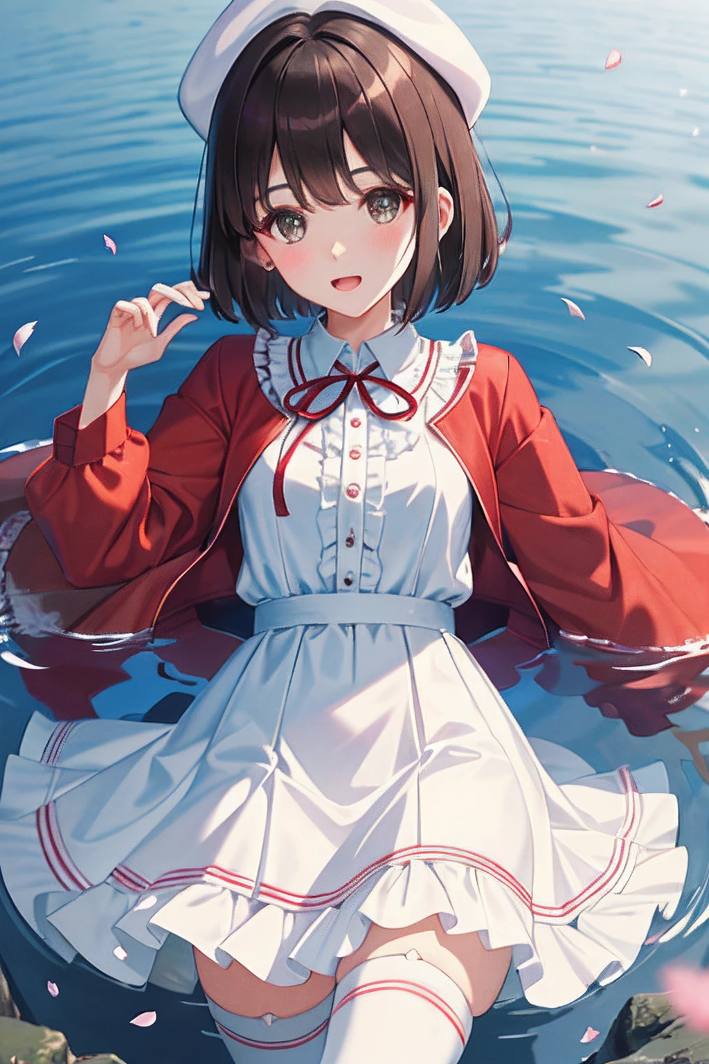 (Masterpiece:1.6, Best quality), (fine detailed beautiful eyes: 1.2), ph_kato, katouhdlong, Solo, Brown hair, Hat, upper legs, Short hair, Brown eyes, The hat has been removed, dress, headwear removed, white thighhighs, White dress, holding hat, Frilled thighs, bangs, Open mouth, frilld, Red jacket, Jacket, zettai ryouiki, petals, ribbon, Holding, White headwear, Blush
, lying on water, Ocean, cove, (full bodyesbian),