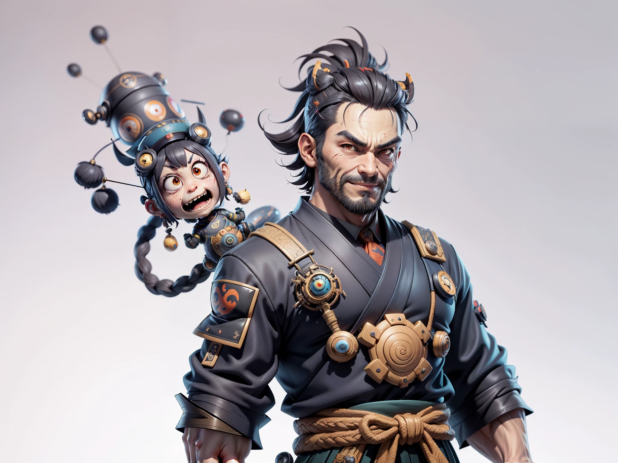 (Daisaku),(Need),(Super meticulous),(full bodyesbian:1.2),Super young man with Japanese geisha,Beautiful,orient,one tiger,Aeolian Thor,Raised sexy,爆乳,Oriental face,TV Anchor,Bust portrait illustration,In black suit,a blue tie,The face is slightly chubby,The face was clean,without a beard,Black super short hair,Black eyes,Smile confidently,3C computer sub-products,iPad, iphone,Digital painting,3D character design by Mark Clairen and Pixar and Hayao Miyazaki and Akira Toriyama,The illustration is a high-definition illustration in 4K resolution,With very detailed facial features and cartoon-style visuals。