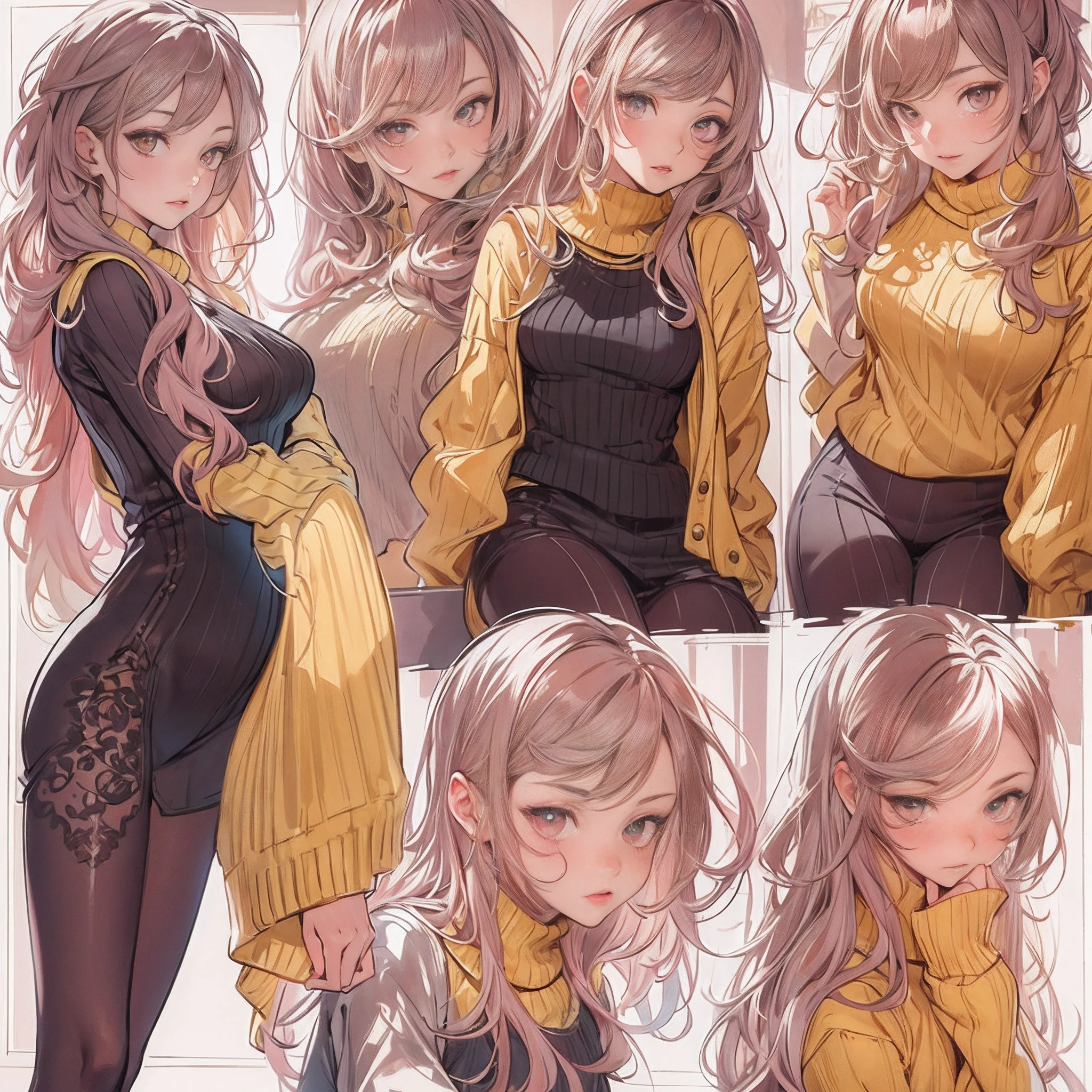 ((Masterpiece, Highest quality)), Detailed face, CharacterDesignSheet,full bodyesbian, Full of details, Multiple poses and expressions, Highly detailed, Depth, beuaty girl,Sweaters,Lace,lacepantyhose, High Balance, suns,Natural light,amarelo