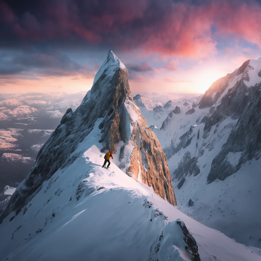 A man is climbing a snowy mountain