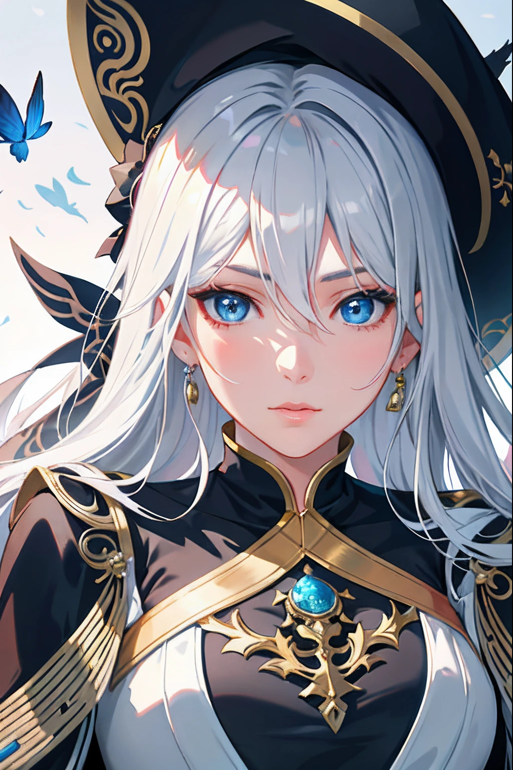 Anime - stylistic image of a woman with blue eyes and a black dress, Detailed digital anime art, Stunning anime face portrait, 8K high quality detailed art, detailed portrait of an anime girl, Guweiz on ArtStation Pixiv, Guweiz in Pixiv ArtStation, detailed anime character art, hyper-detailed fantasy character, a beautiful anime portrait, Detailed face ),sittinng on the river,Lotus pond,butterflys,gorgeous color