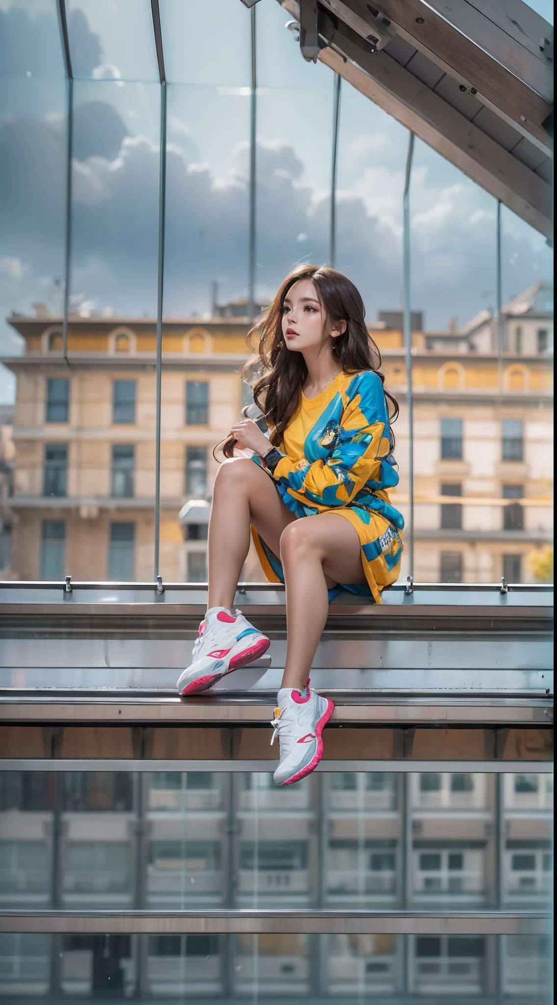 Girl in colorful dress，(Look from the bottom up:1.3)，athletic sneakers，Shallow space，Urban architectural background，Sit Pose，dynamicposes，Sitting on the balcony on the roof of the glass podium, Best quality, Masterpiece, 8K，depth of fields