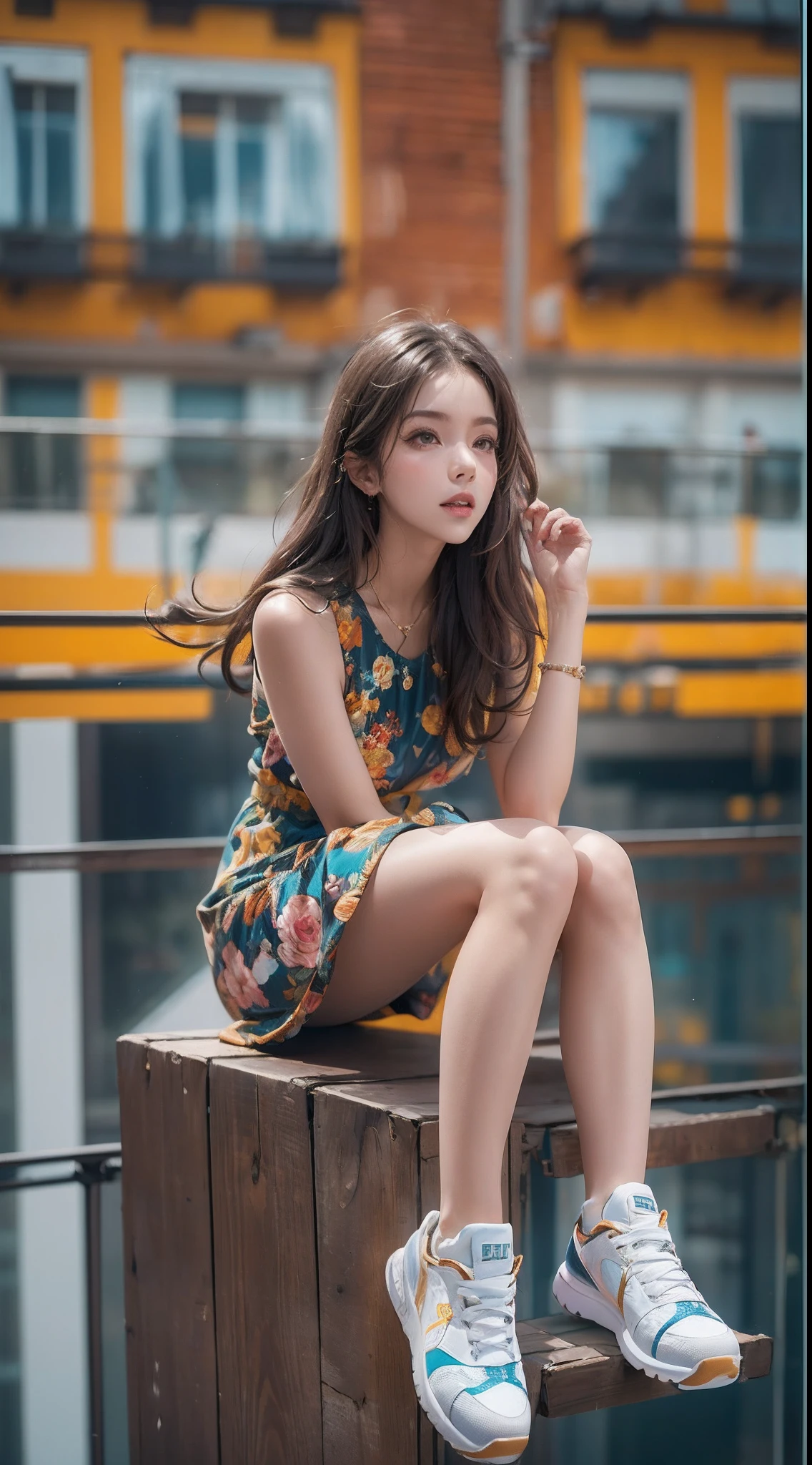 Girl in colorful dress，(Look from the bottom up:1.3)，athletic sneakers，Shallow space，Urban architectural background，Sit Pose，dynamicposes，Sitting on the balcony on the roof of the glass podium, Best quality, Masterpiece, 8K，depth of fields