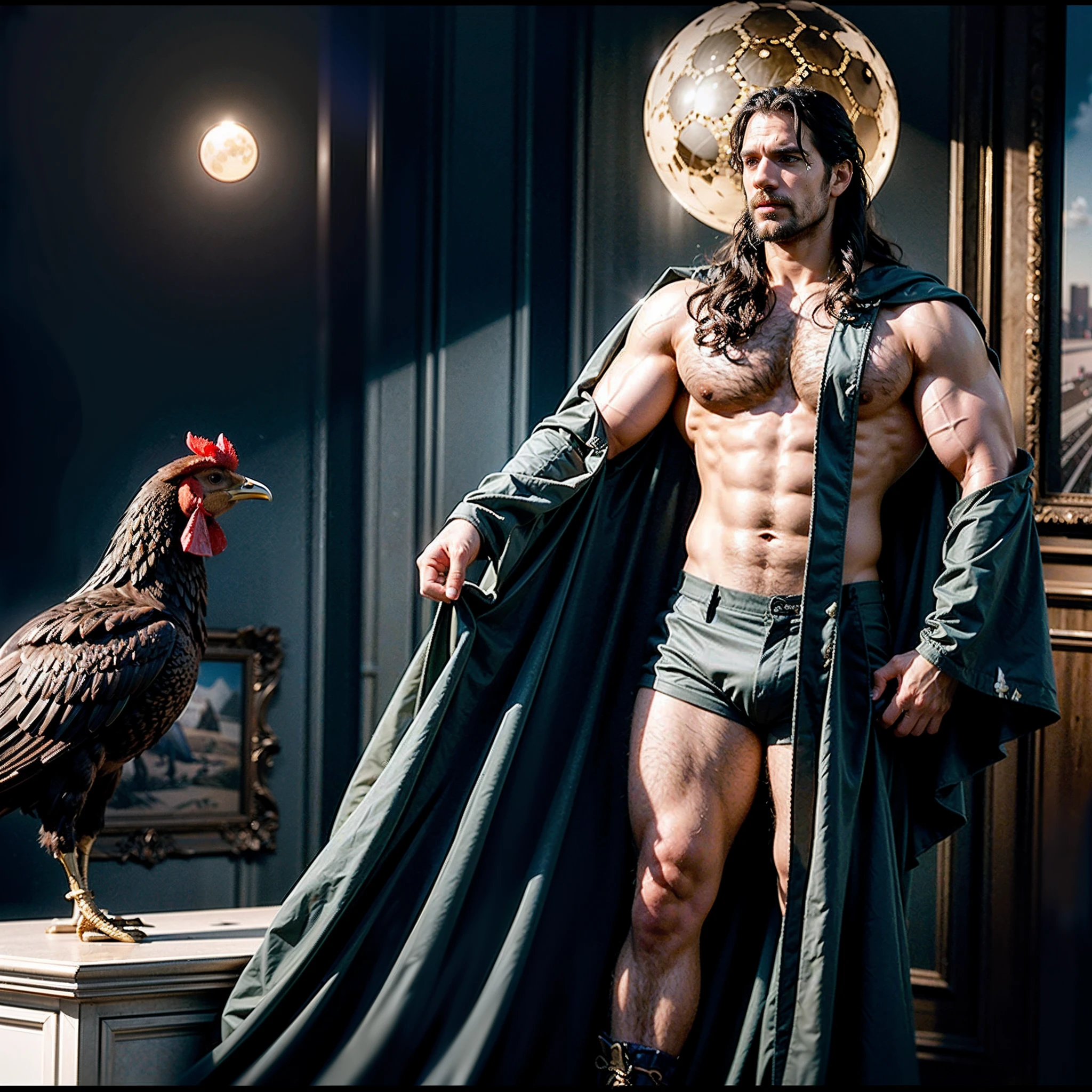 Photograph of a HENRYCAVILL PERSON as Jesus Christ holding a rooster on the moon, muscular, warm atmosphere, Captured by Panavision Panaflex Platinum Camera with Panavision Primo Primes Spherical Lens 50mm T1.9