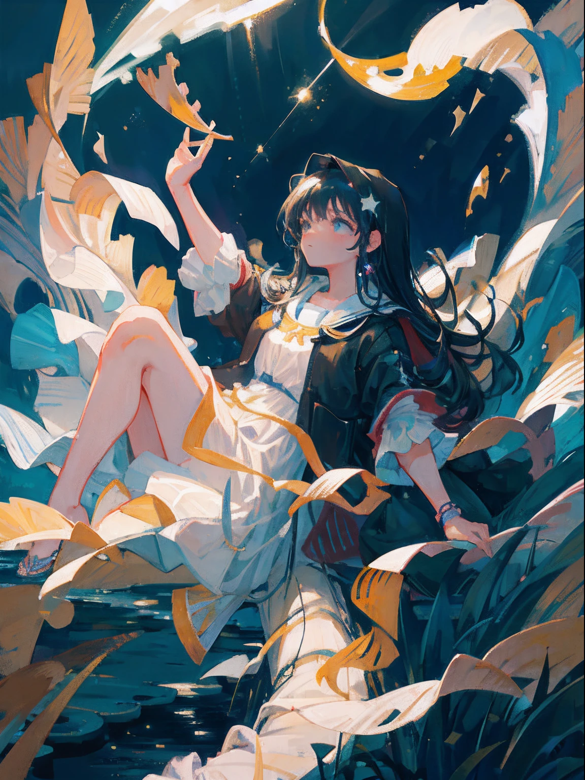 "River theme, starry night, 1 girl enjoying the tranquil beauty beneath a celestial canopy."