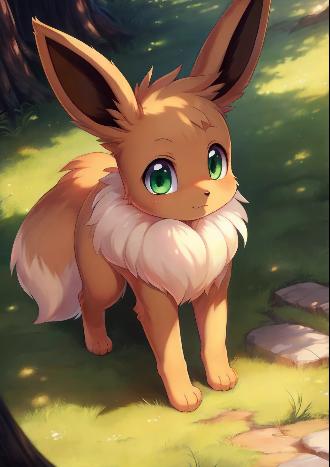 uploaded on e621, ((Isaac Levitan, by Rumiko Takahashi, Ephraim Moses Lillian, by hioshiru, by Glacier Clear)), Solo (quadruped feral:1.4) ((Eevee)) with ((tan body)) And (((white neck tuft))) And (Brown fluffy dipstick tail) And ((Clear light green eyes)), (Detailed Eevee), ((detailed fluffy fur)), (Three-quarter portrait, Looking at Viewer, three quarter view, [High-angle view]:1.2), BREAK, (Detailed background, depth of fields, half body shadow, Sunlight, ambient light on the body), (Convoluted:0.7), (high detailing:1.2), (Unreal Engine:1.3), (Sharp Focus:1.1), [explict content, questionable content], (masutepiece, Best Quality, 4K, 2 k, Shaded, absurd res)